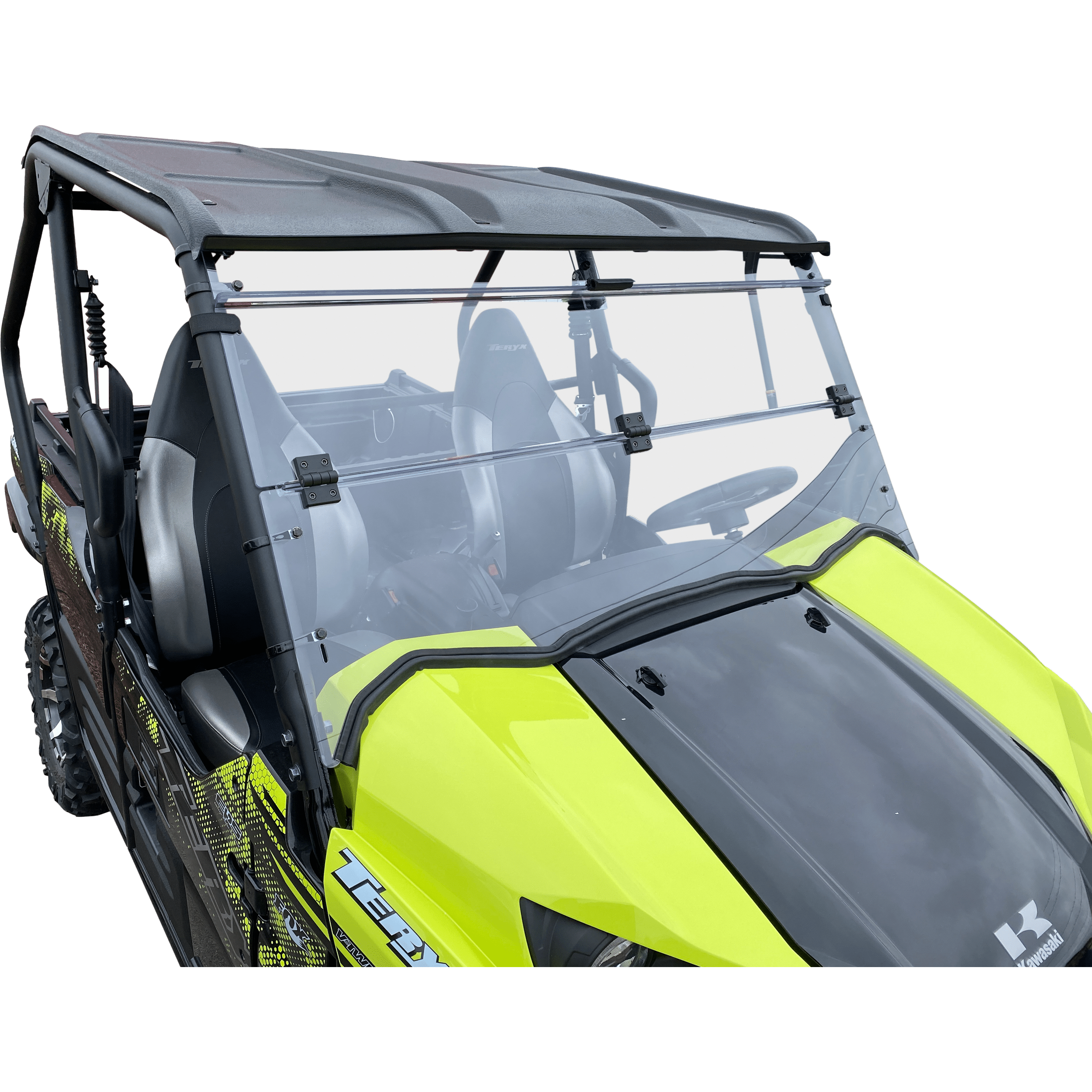 A close-up of a bright yellow and black off-road utility vehicle features a Folding Windshield by Open Trail for maximum airflow, plus a black roof and two visible front seats.