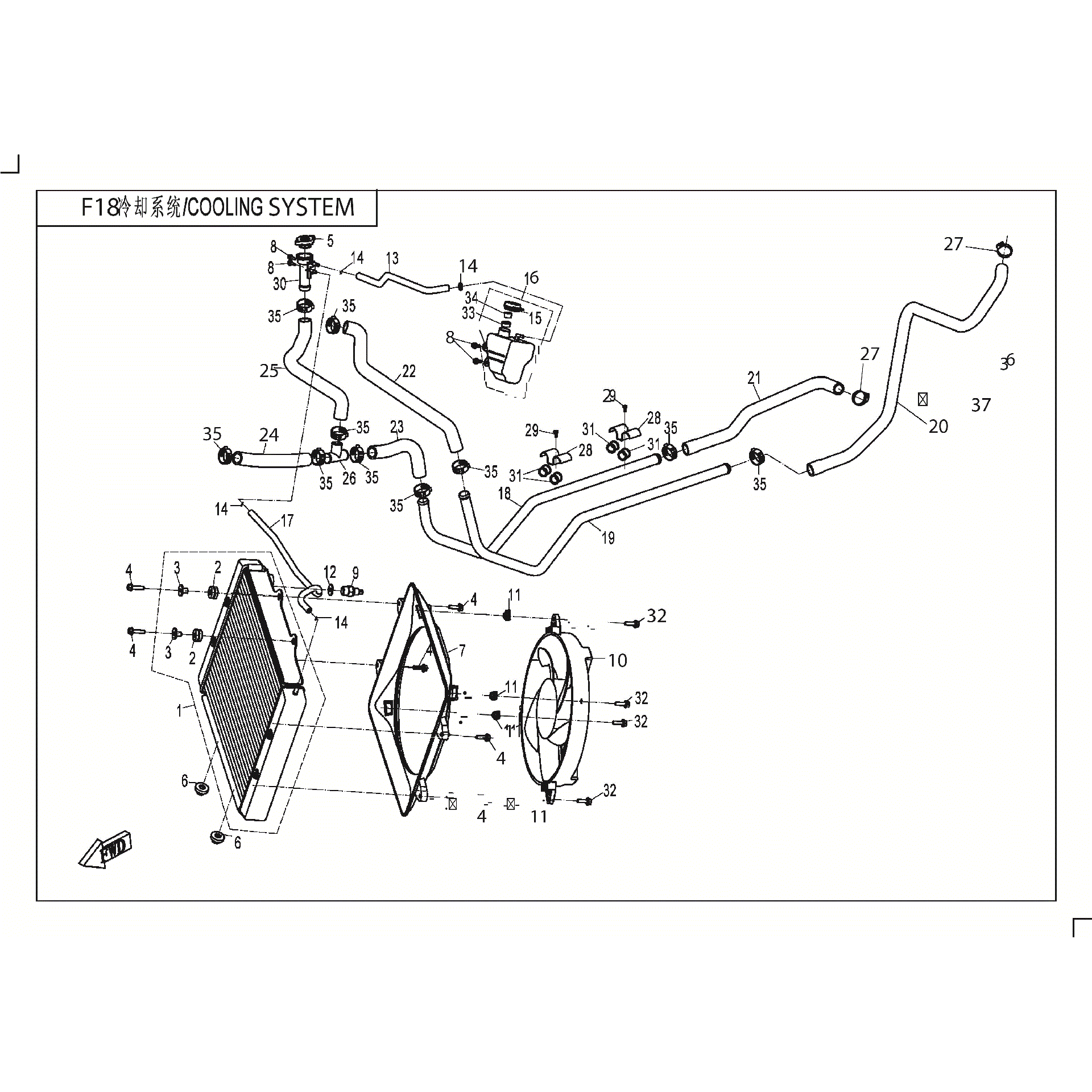 An Image of a Genuine CFMOTO Parts Schematic Diagram showing the schematic - COOLING SYSTEM - 2017 CFMOTO ZFORCE 500