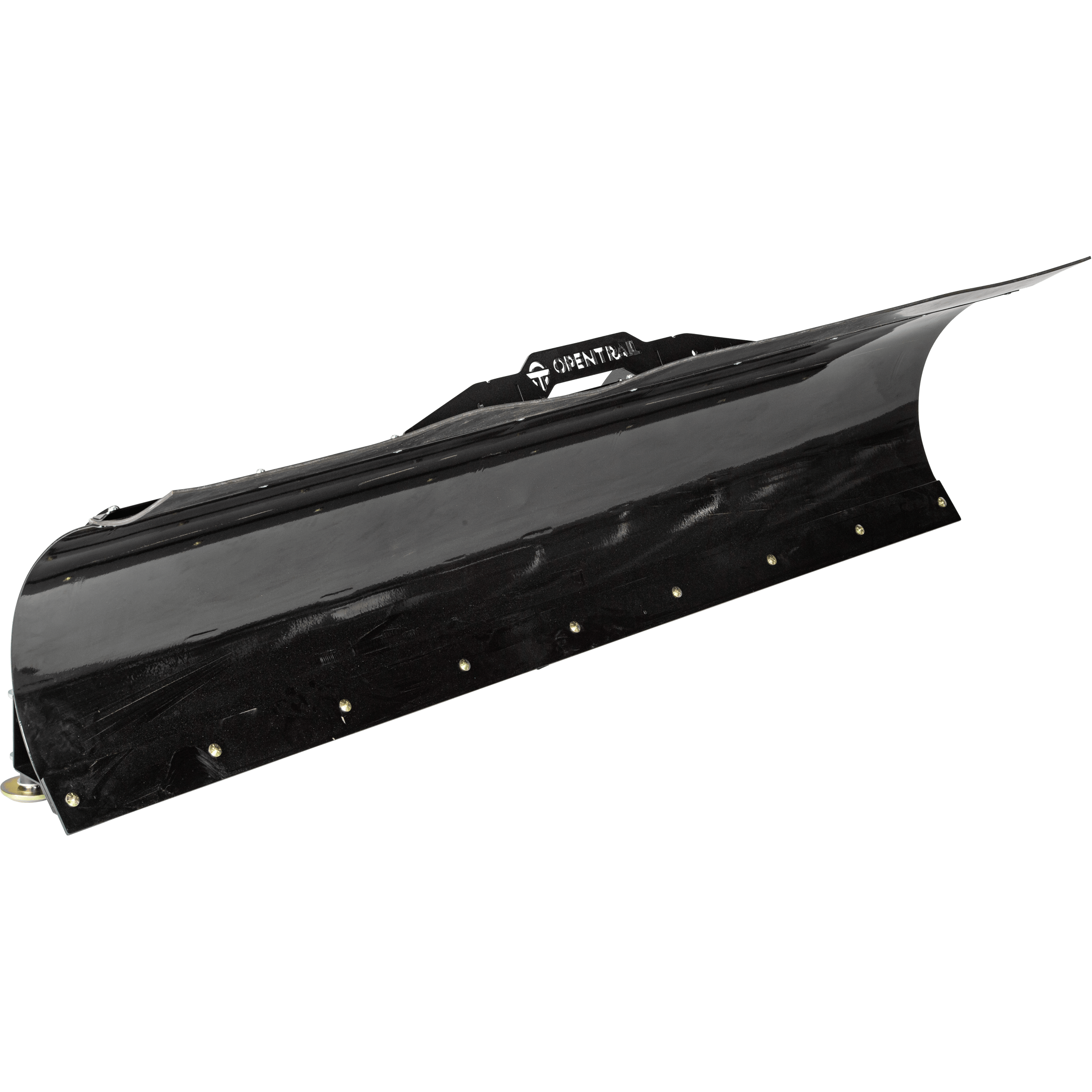 The 72 Straight Blade by Open Trail is a black, powder-coated metal snow plow blade made from durable 11-gauge steel with a curved edge, multiple bottom bolts, and a top handle for easy attachment to equipment or vehicles for clearing snow.