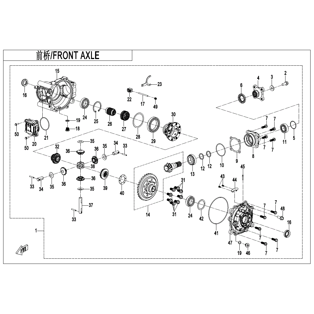 An Image of a Genuine CFMOTO Parts Schematic Diagram showing the schematic - FRONT AXLE - 2025 CFMOTO UFORCE 800 XL