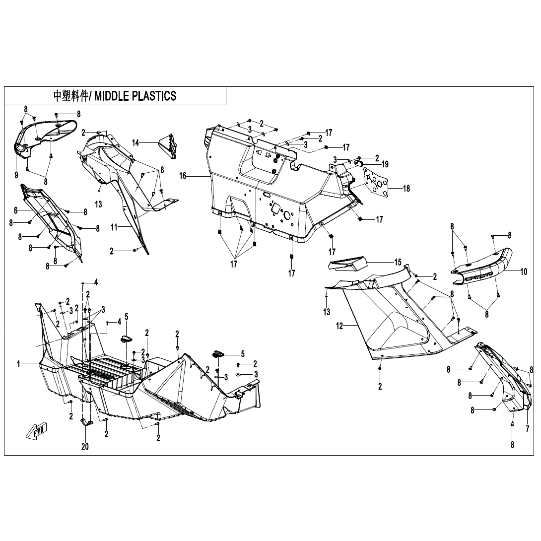 An Image of a Genuine CFMOTO Parts Schematic Diagram showing the schematic - MIDDLE PLASTICS(3) - 2022 CFMOTO ZFORCE 950 HO EX