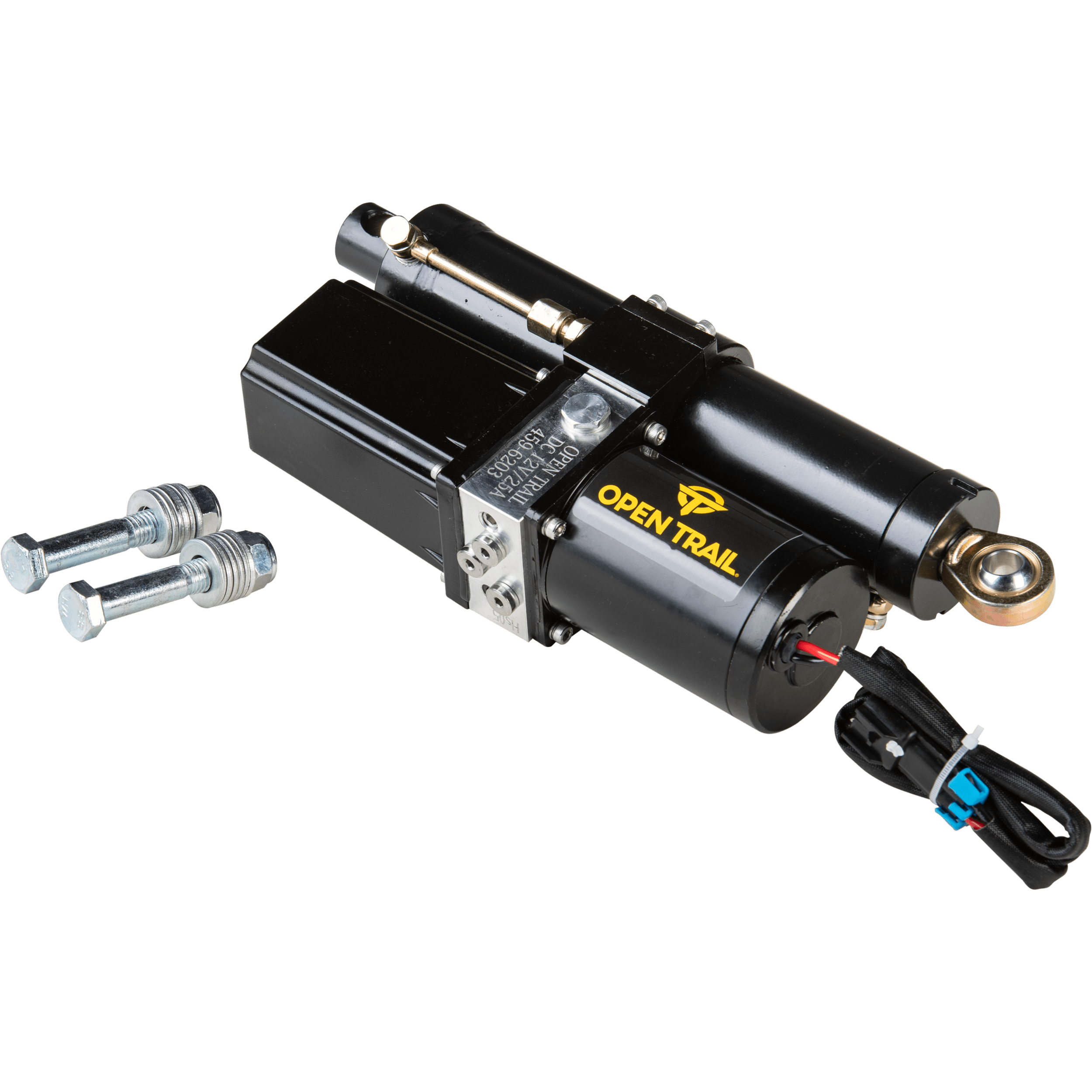 Hydraulic Actuator by Open Trail with black casing, wiring kit, and two silver bolts beside it; designed for mechanical movement or adjustment in machinery and compatible with Carling Technologies switch.