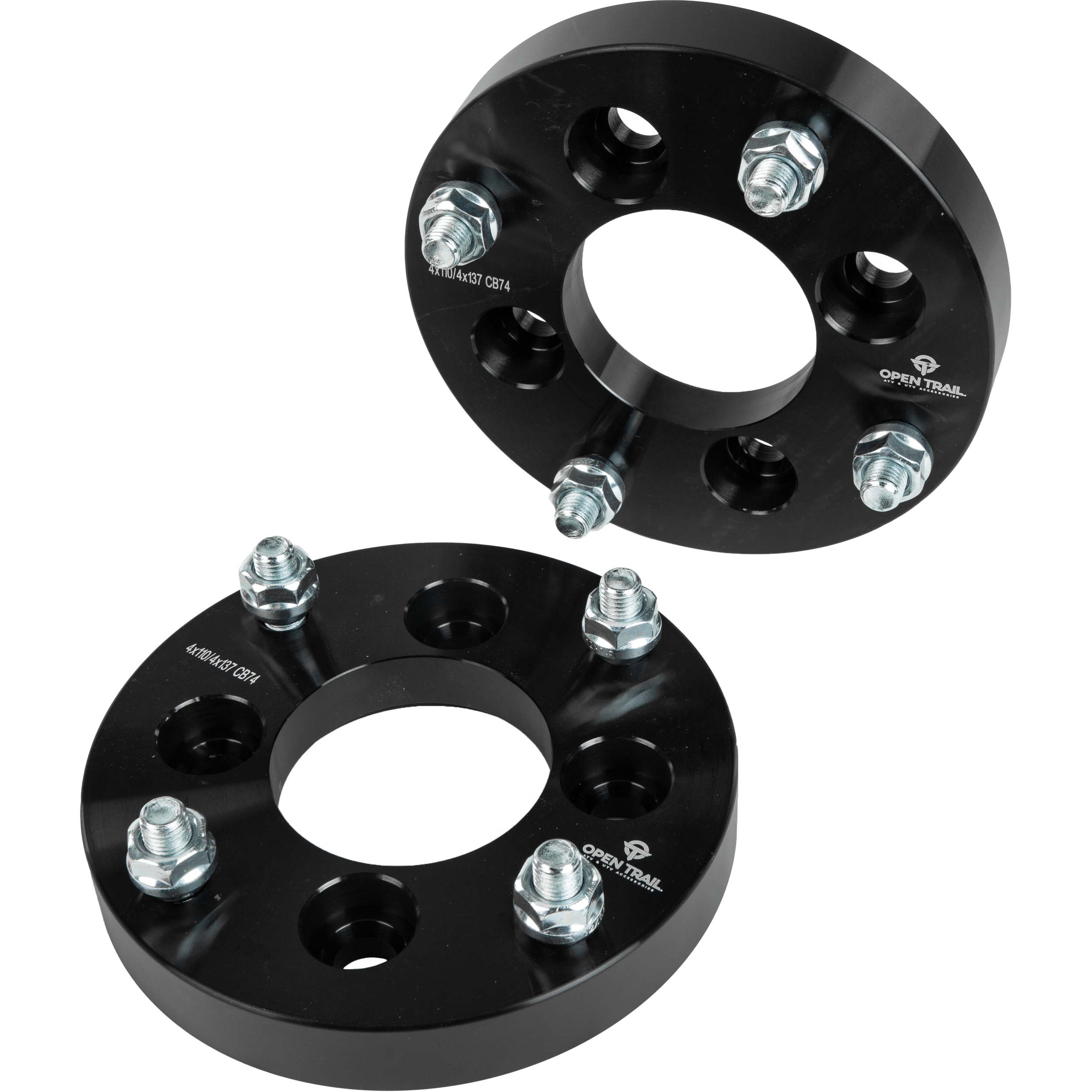 Two black Open Trail Wheel Spacer Adapter 1 4/110 to 4/137 12mm x 1.5mm spacers, made from durable aluminum alloy with silver bolts and four large holes, are shown on a white background. The brand name is printed on each spacer.