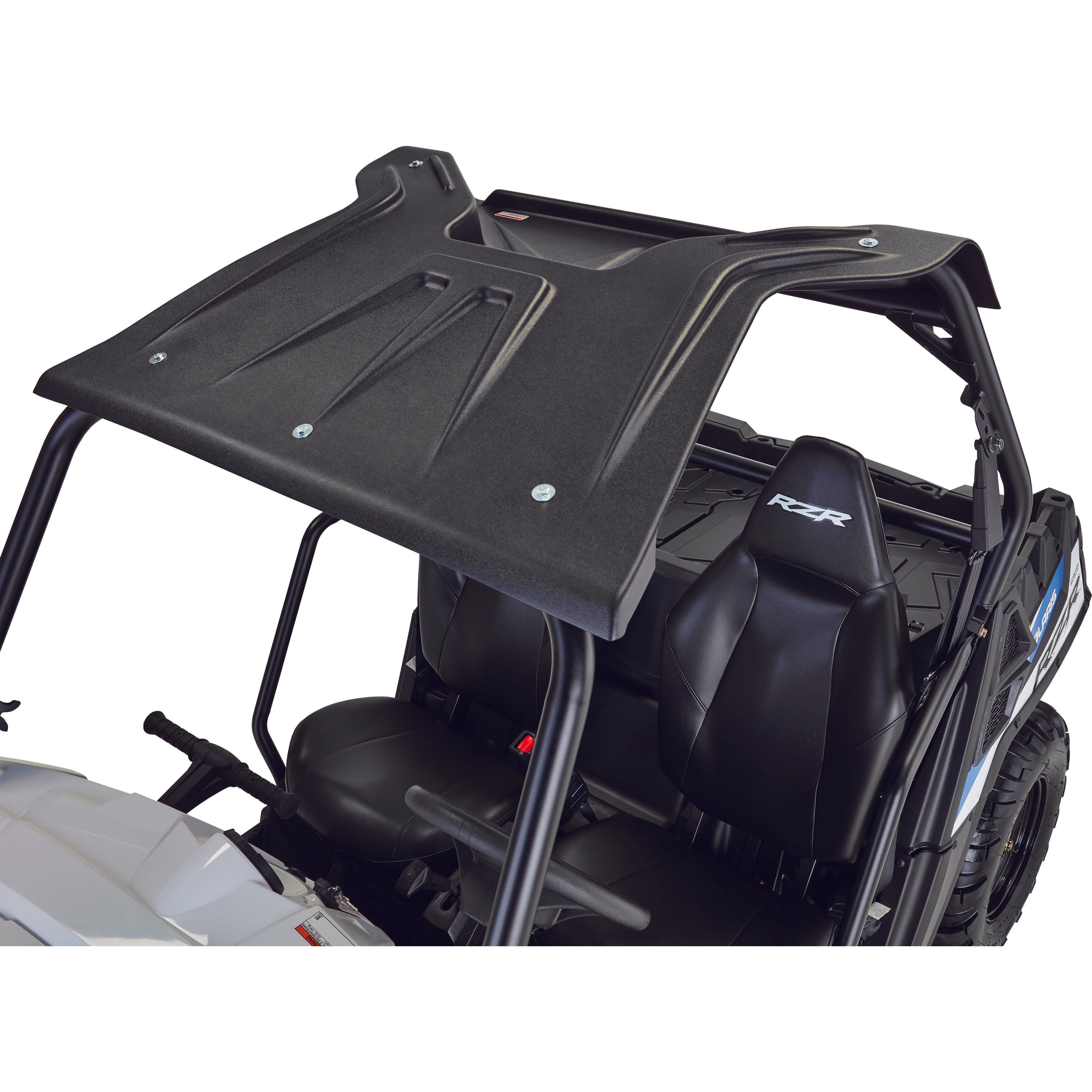 A Polaris RZR UTV Molded Roof by Open Trail, made of black HDPE, is mounted on a side-by-side off-road vehicle with two black seats and RZR-logo headrests, viewed from above and at an angle for added UV protection.