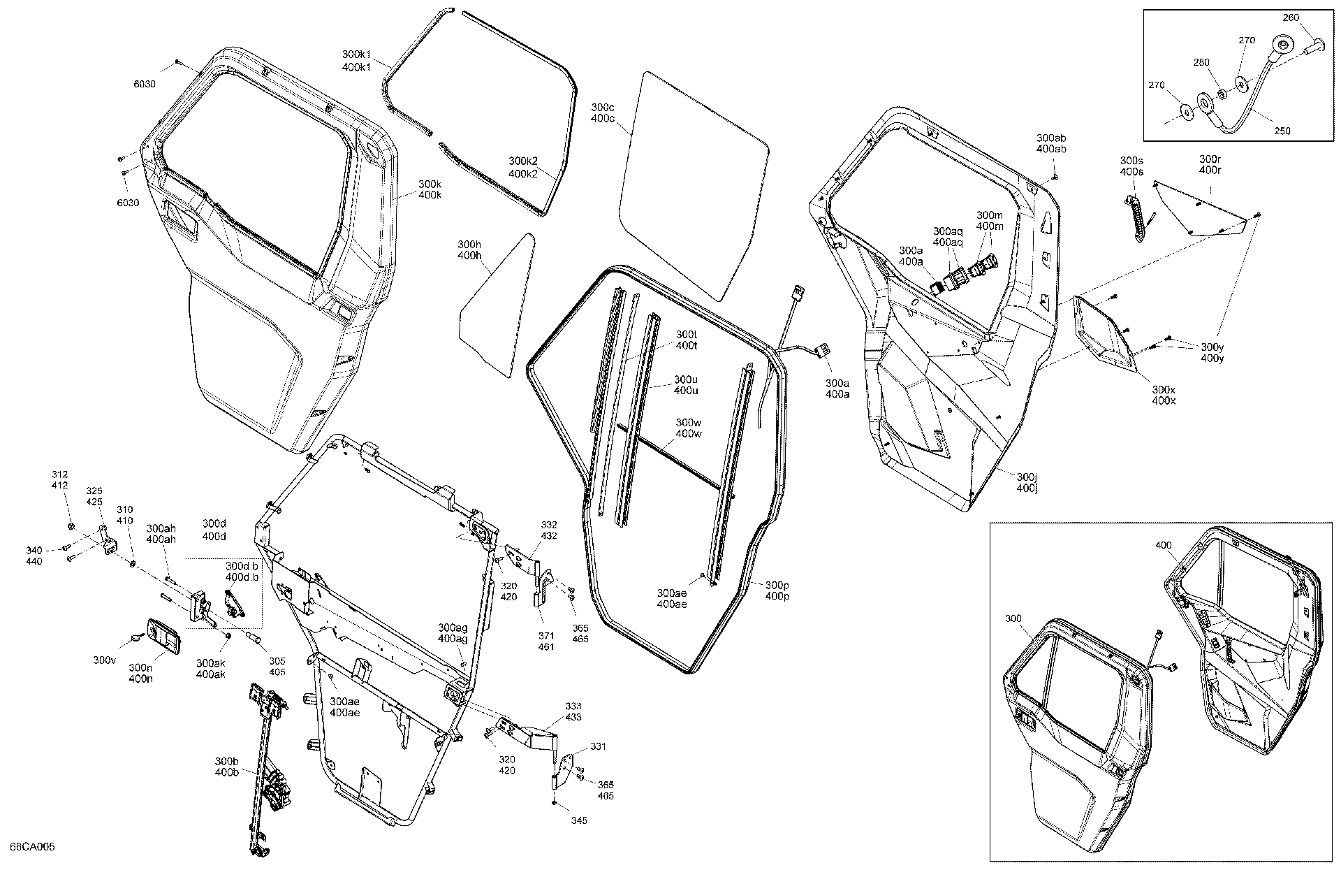An Image of a Genuine Can-Am Parts Schematic Diagram showing the schematic - BODY - DOORS - FRONT SECTION
