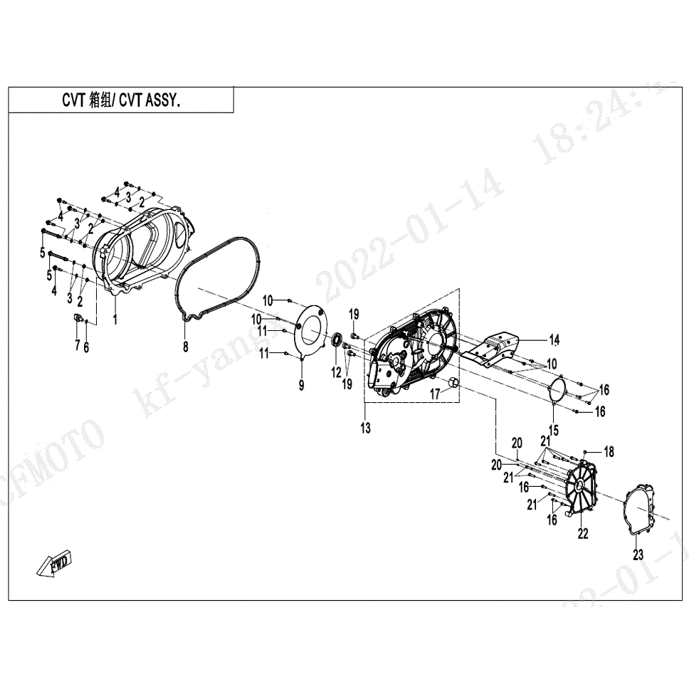 An Image of a genuine CFMOTO Parts Schematic Diagram showing the group - CVT CASE ASSY. - 2022 CFMOTO CFORCE 500