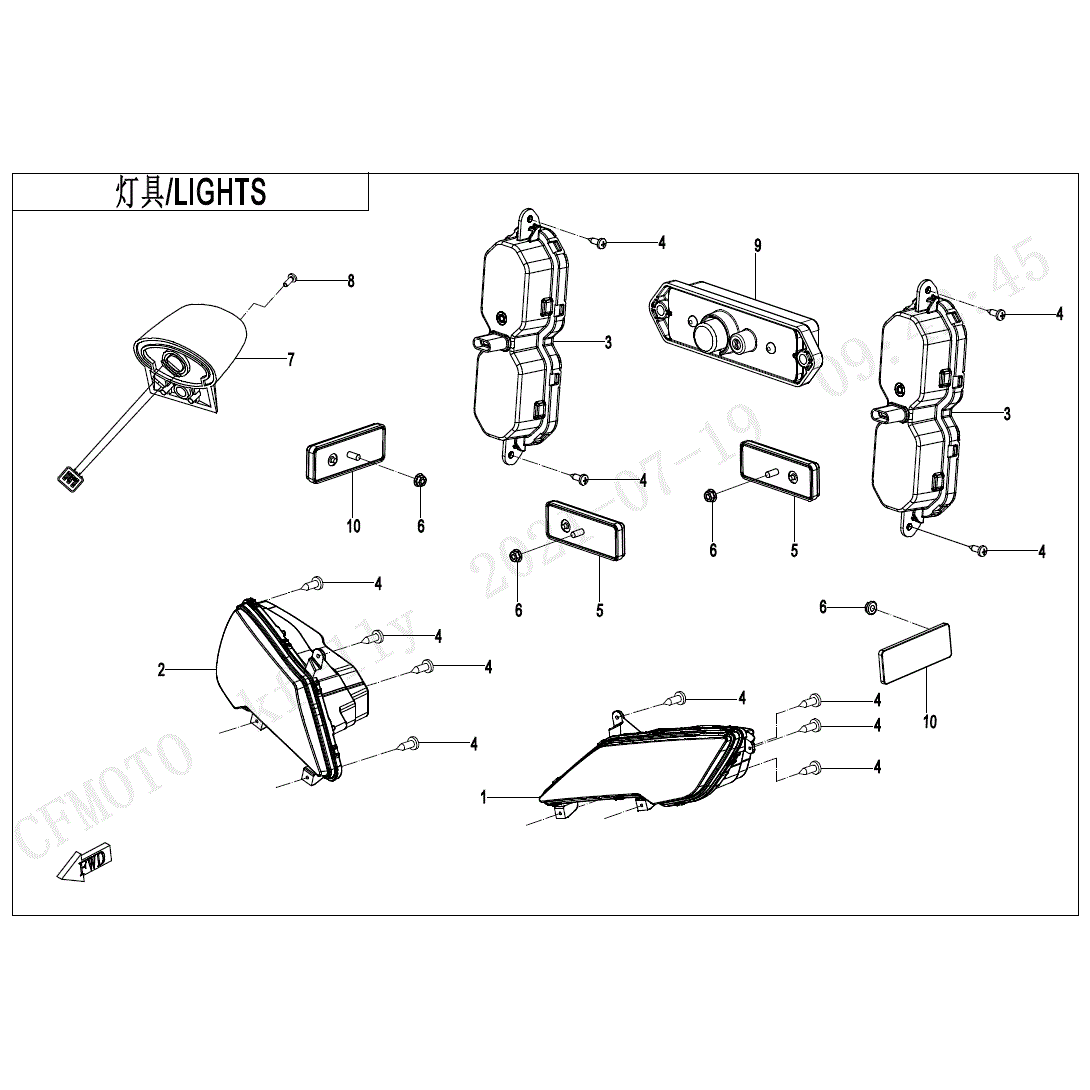 An Image of a Genuine CFMOTO Parts Schematic Diagram showing the schematic - LIGHTS - 2024 CFMOTO UFORCE 1000