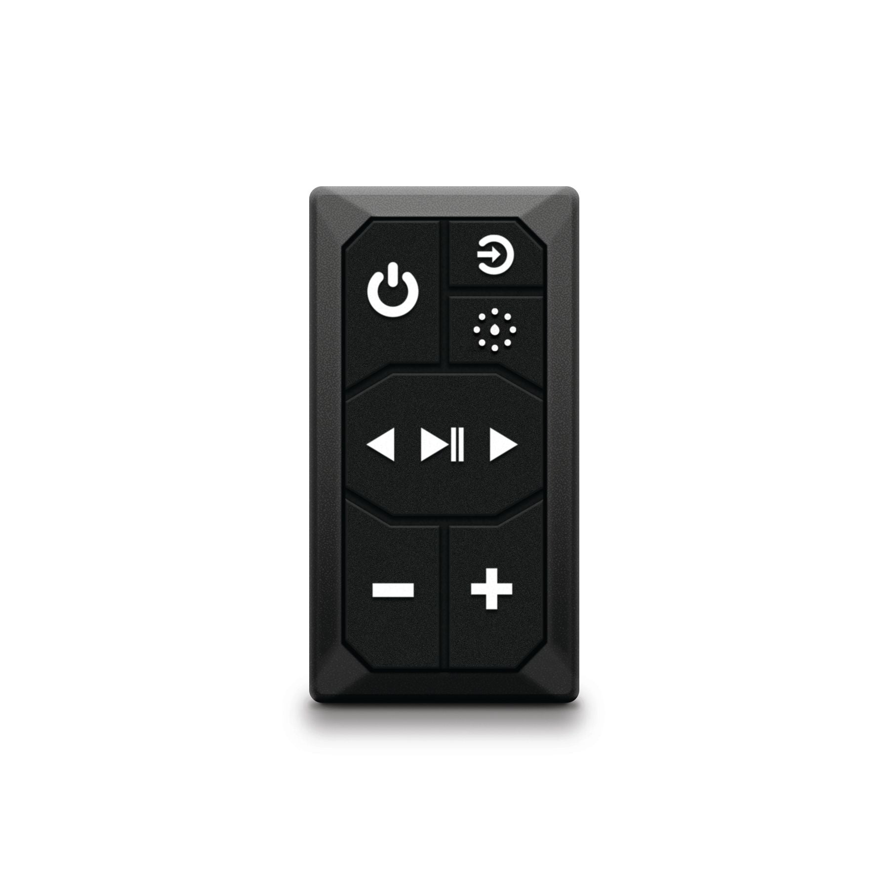The EcoXGear Bluetooth Receiver and Remote Switch is a compact black Marine remote with six buttons—power, back, brightness, play/pause, volume down, and up—ideal for easy control of your Bluetooth 5.1 stereo setup. Displayed on a white background.