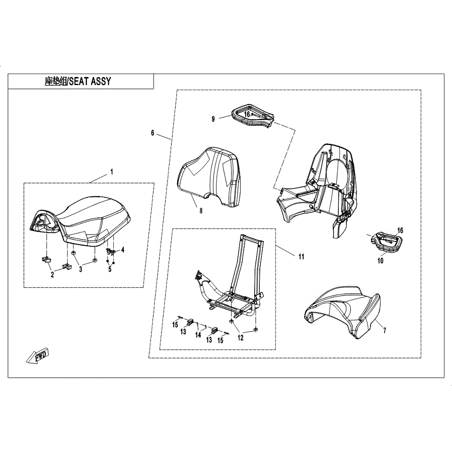 An Image of a genuine CFMOTO Parts Schematic Diagram showing the group - SEAT -BLACK - 2019 CFMOTO CFORCE 800 XC