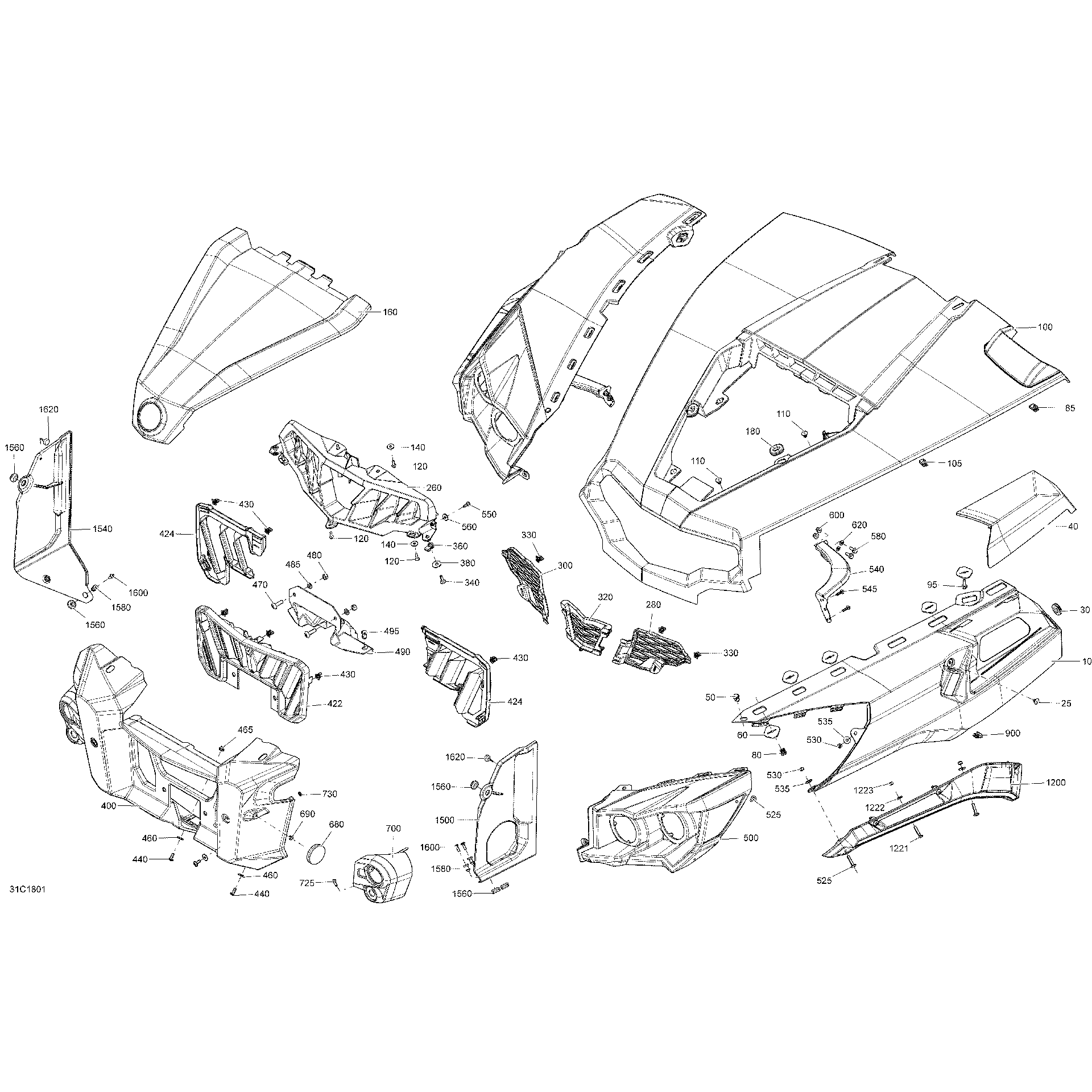 An Image of a Genuine Can-Am Parts Schematic Diagram showing the schematic - BODY AND ACCESSORIES COMMANDER NON MAX - FRONT BRUSHED ALUMINIUM MODELS