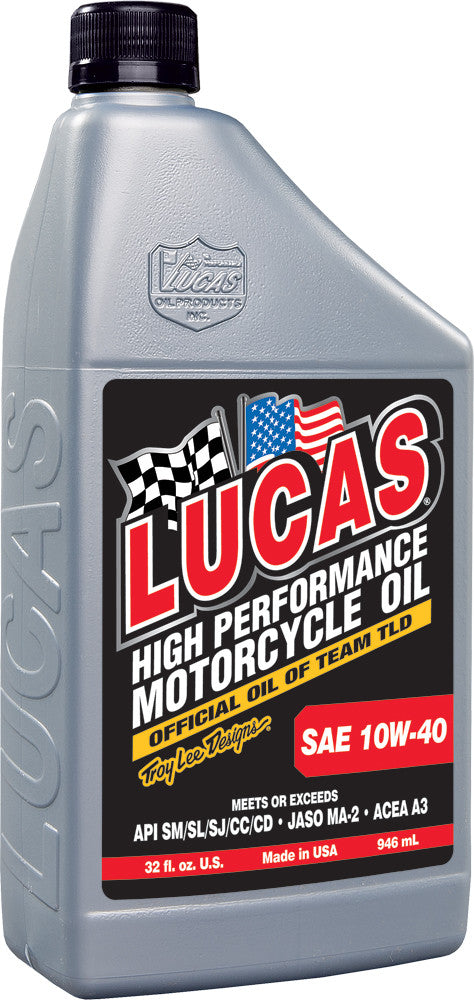 A gray one-quart bottle of Lucas Oil High Performance Engine Oil 10W40 features a red, white, and black label with racing flags, an American flag, SAE 10W-40 designation, and JASO engine oil life specifications.