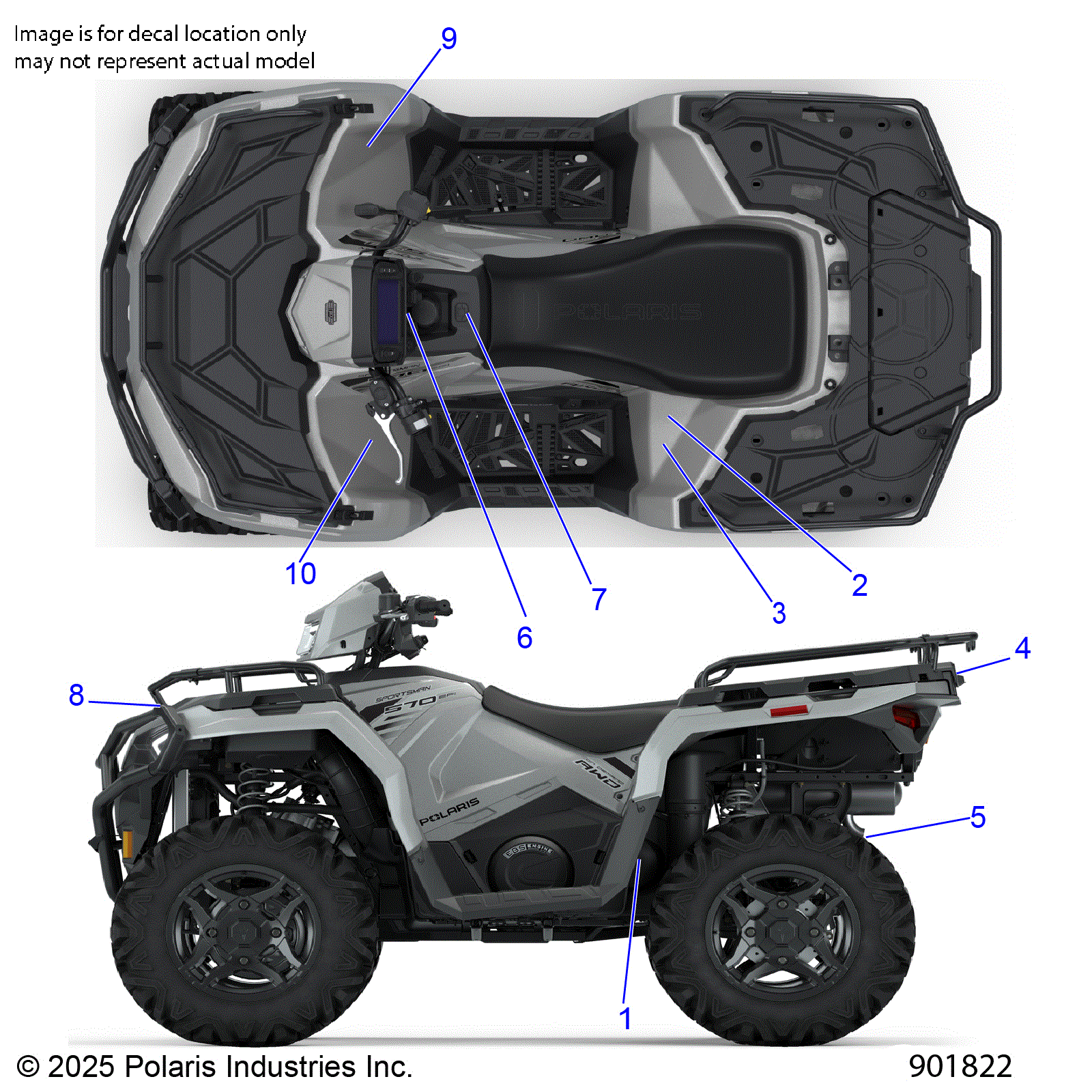 An Image of a Genuine Polaris Parts Schematic Diagram showing the schematic - BODY: DECALS STANDARD - 2026 POLARIS SPORTSMAN 570 UTILITY 49S
