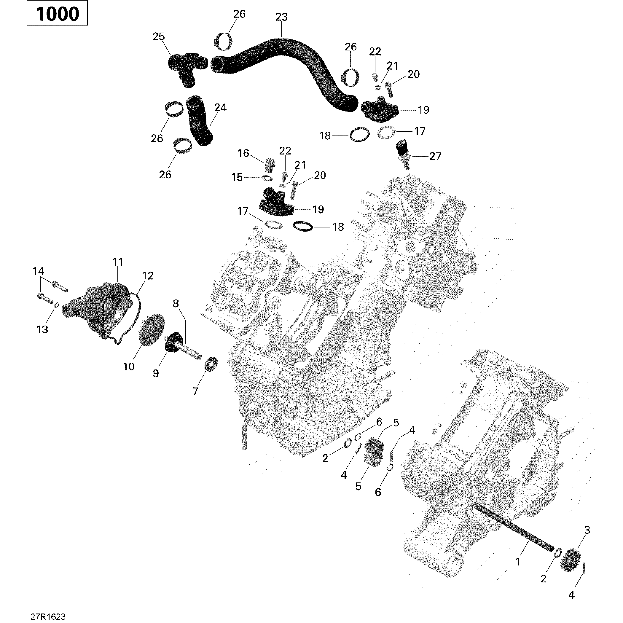 An Image of a Genuine Can-Am Parts Schematic Diagram showing the schematic - ENGINE COOLING - 1000 EFI