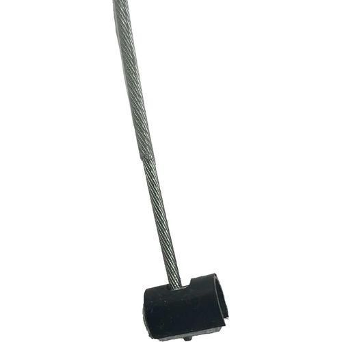 A close-up of a steel cable with a black cylindrical end fitting, isolated on white—OEM Victory Clutch Cable by Polaris, perfect for those needing genuine Victory motorcycle parts.