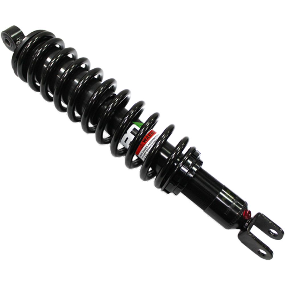A black Honda Rincon UTV/ATV Front Gas Shock by Bronco, featuring a tightly wound spring and mounting brackets at both ends, designed for use in automotive or motorcycle suspension systems.
