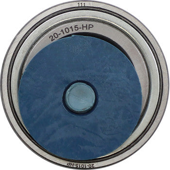 Close-up of the Kawasaki - Suzuki Wheel Bearing Kit Tapered Double Angular Contact Front by Moose Offroad, showing a blue center, silver ring, and "20-1015-HP" label. Engineered for high load capacity bearings and double-lip seals.