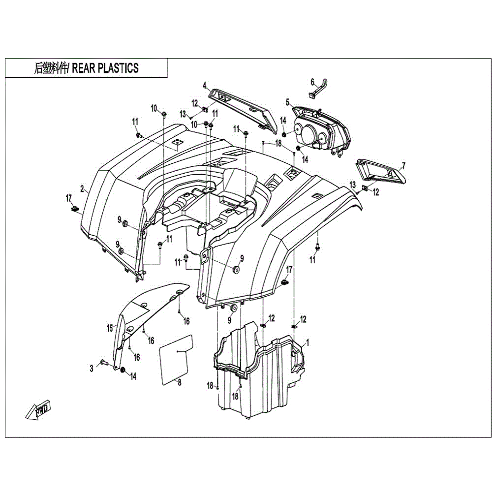 An Image of a genuine CFMOTO Parts Schematic Diagram showing the group - REAR PLASTICS - 2021 CFMOTO CFORCE 400