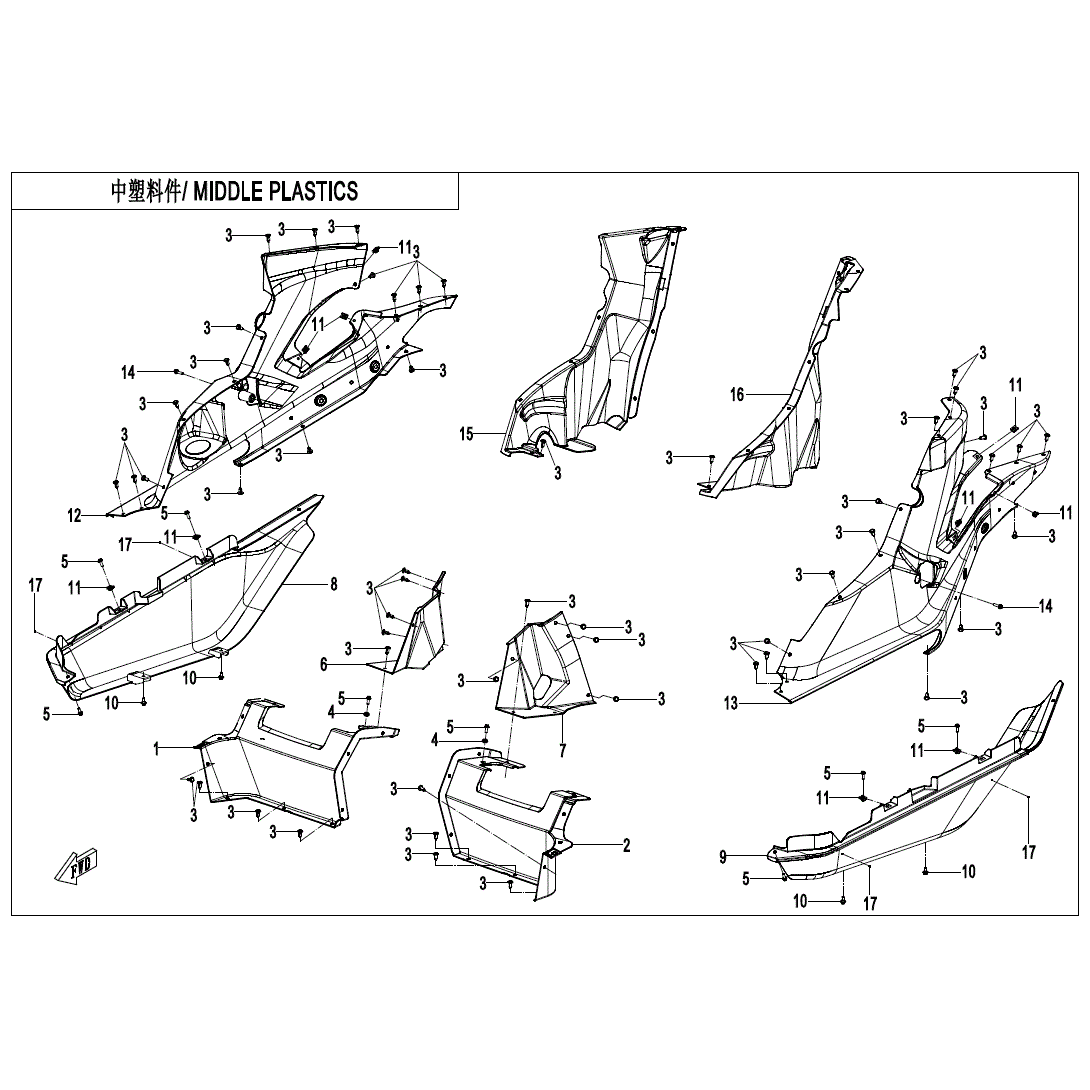 An Image of a Genuine CFMOTO Parts Schematic Diagram showing the schematic - MIDDLE PLASTIC(2) - 2021 CFMOTO ZFORCE 950 Sport