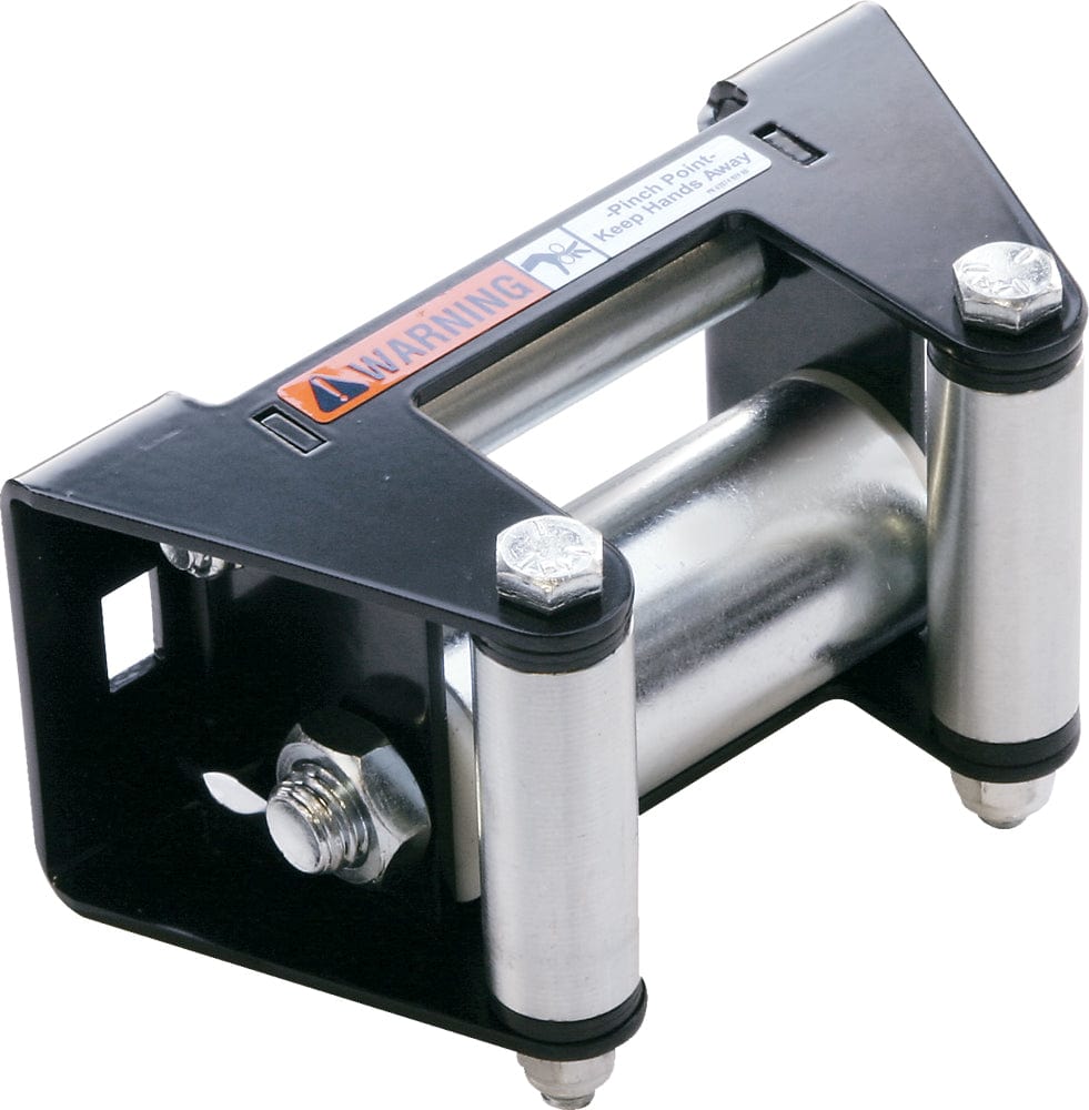 The Roller Fairlead 1.5Ci End Housing by Warn is a black metal fairlead featuring two horizontal and two vertical rollers, silver corner bolts, and a warning label on top.