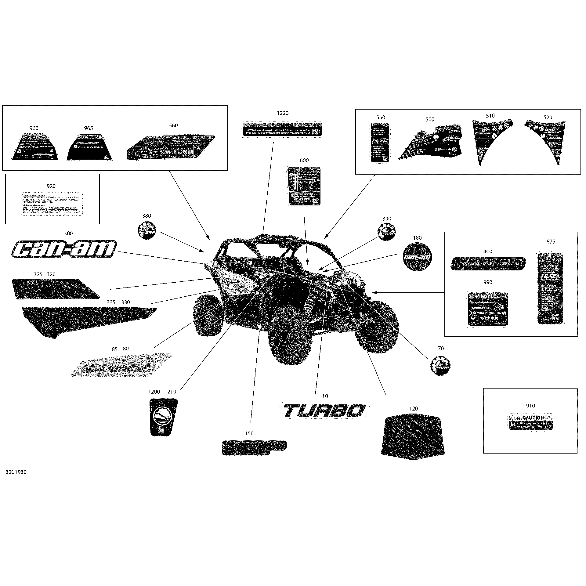 An Image of a Genuine Can-Am Parts Schematic Diagram showing the schematic - DECALS - TURBO - PACKAGE STD - NORTH AMERICA