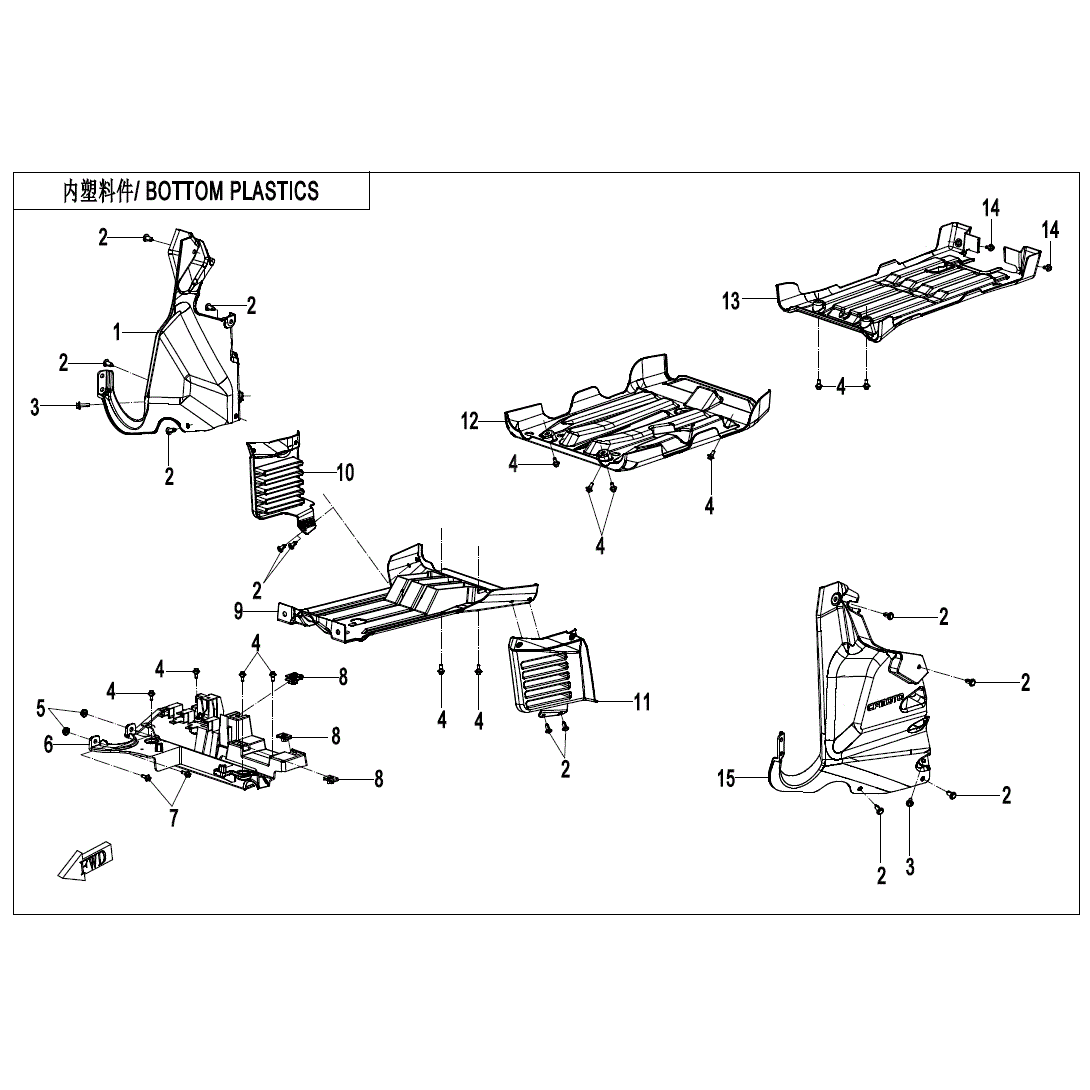 An Image of a genuine CFMOTO Parts Schematic Diagram showing the group - BOTTOM PLASTICS - 2021 CFMOTO CFORCE 600