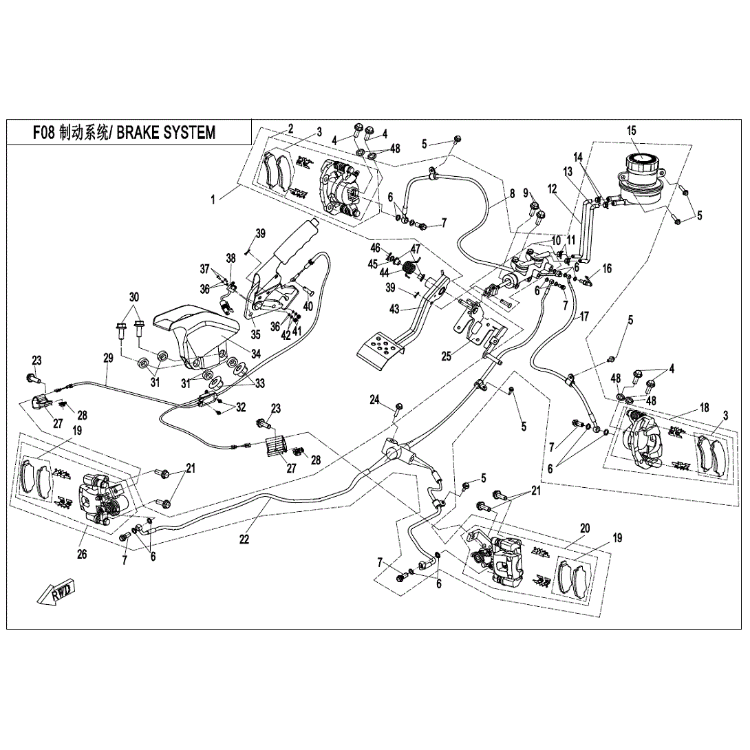 An Image of a Genuine CFMOTO Parts Schematic Diagram showing the schematic - BRAKE SYSTEM - 2020 CFMOTO ZFORCE 800 Trail