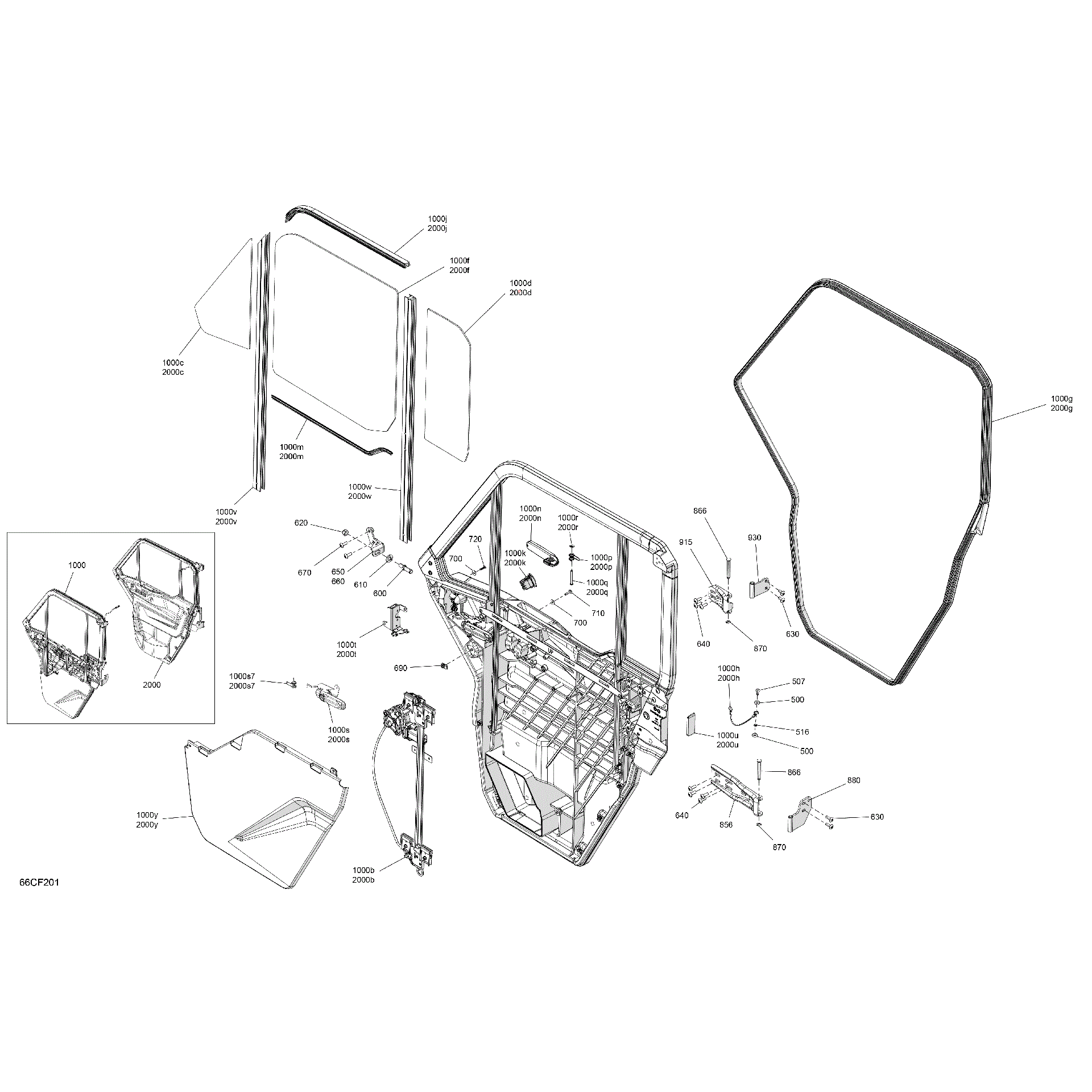 An Image of a Genuine Can-Am Parts Schematic Diagram showing the schematic - ENCLOSURE CAB - FRONT DOORS