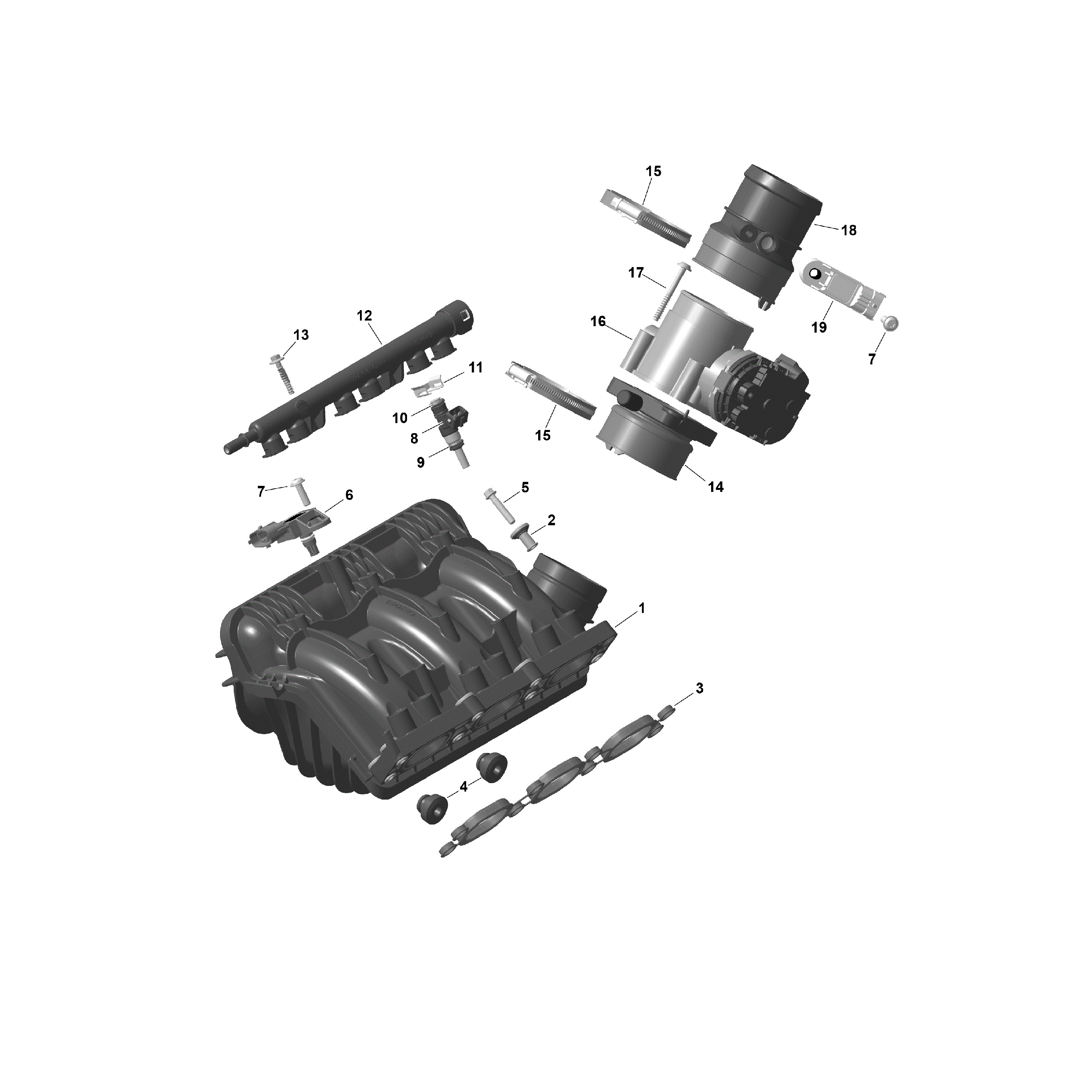 An Image of a Genuine Can-Am Parts Schematic Diagram showing the schematic - ROTAX - AIR INTAKE MANIFOLD AND THROTTLE BODY