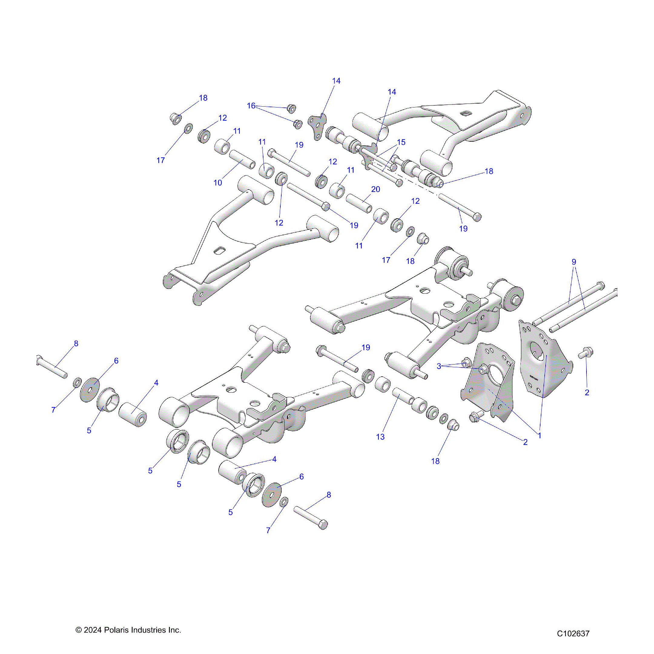 An Image of a Genuine Polaris Parts Schematic Diagram showing the schematic - SUSPENSION: MIDDLE CONTROL ARM MOUNTING - 2026 POLARIS SPORTSMAN 570 6X6 EPS 49S