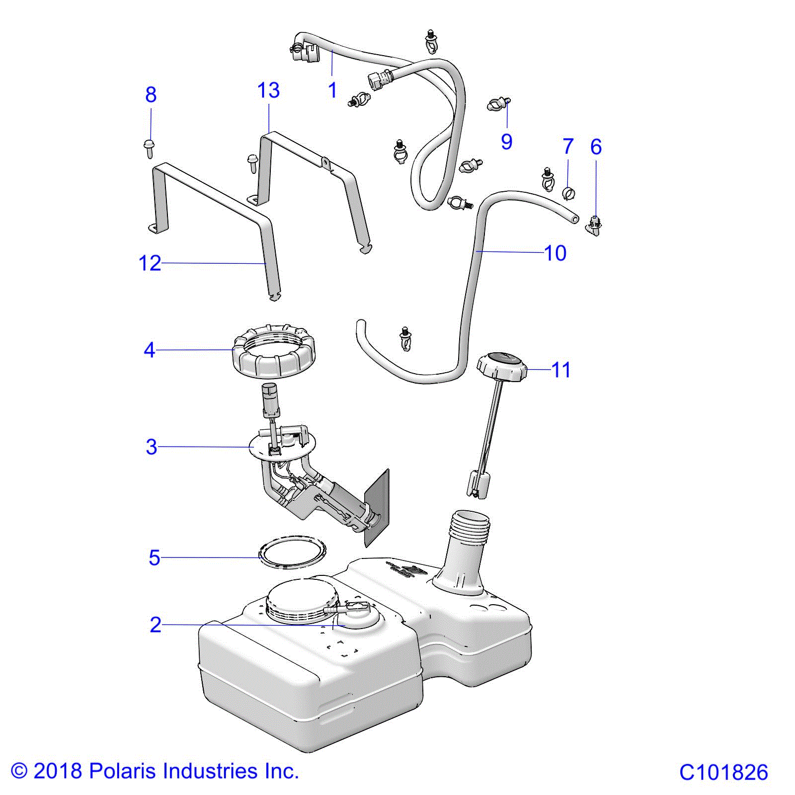 An Image of a Genuine Polaris Parts Schematic Diagram showing the schematic - BODY: FUEL TANK - 2019 POLARIS ACE 150 EFI INDY