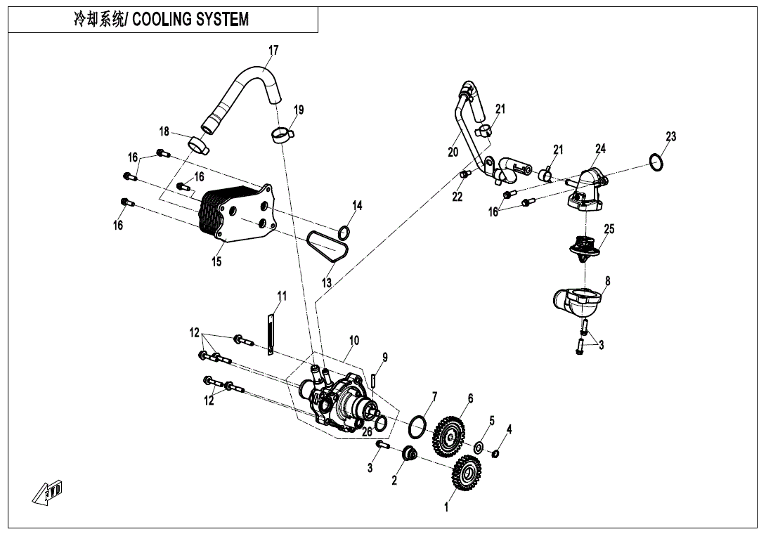 Exploded diagram of the cooling system with labeled parts—hoses, Water Pump Gear by CF Moto, connectors, and more. Numbered components are shown with lines; title reads 冷却系统 COOLING SYSTEM. Find it at Witchdoctors.com.