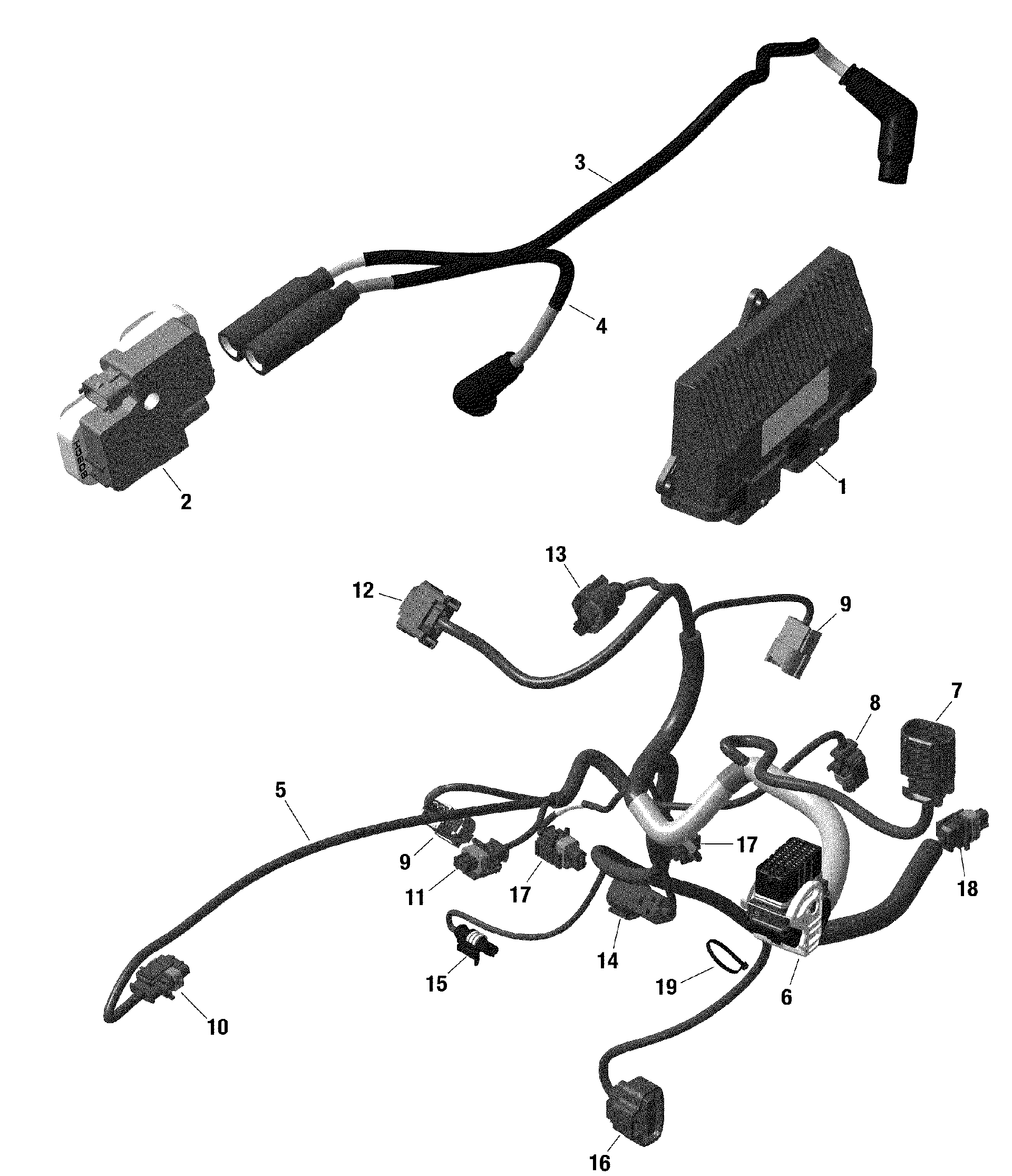 An Image of a Genuine Can-Am Parts Schematic Diagram showing the schematic - ROTAX - ENGINE HARNESS AND ELECTRONIC MODULE - 349