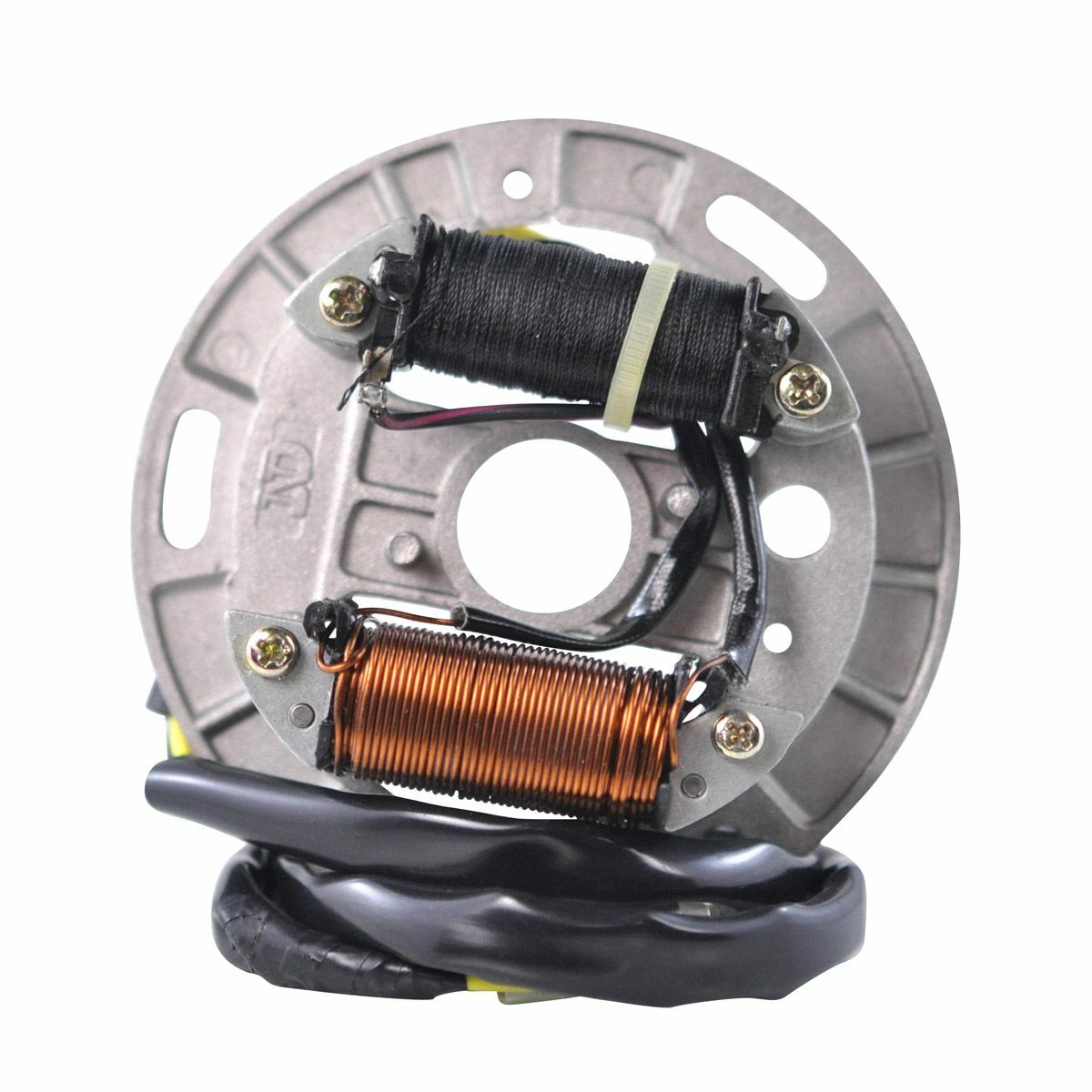 Round silver metal stator plate with black and copper wire coils and attached black wiring harness.
