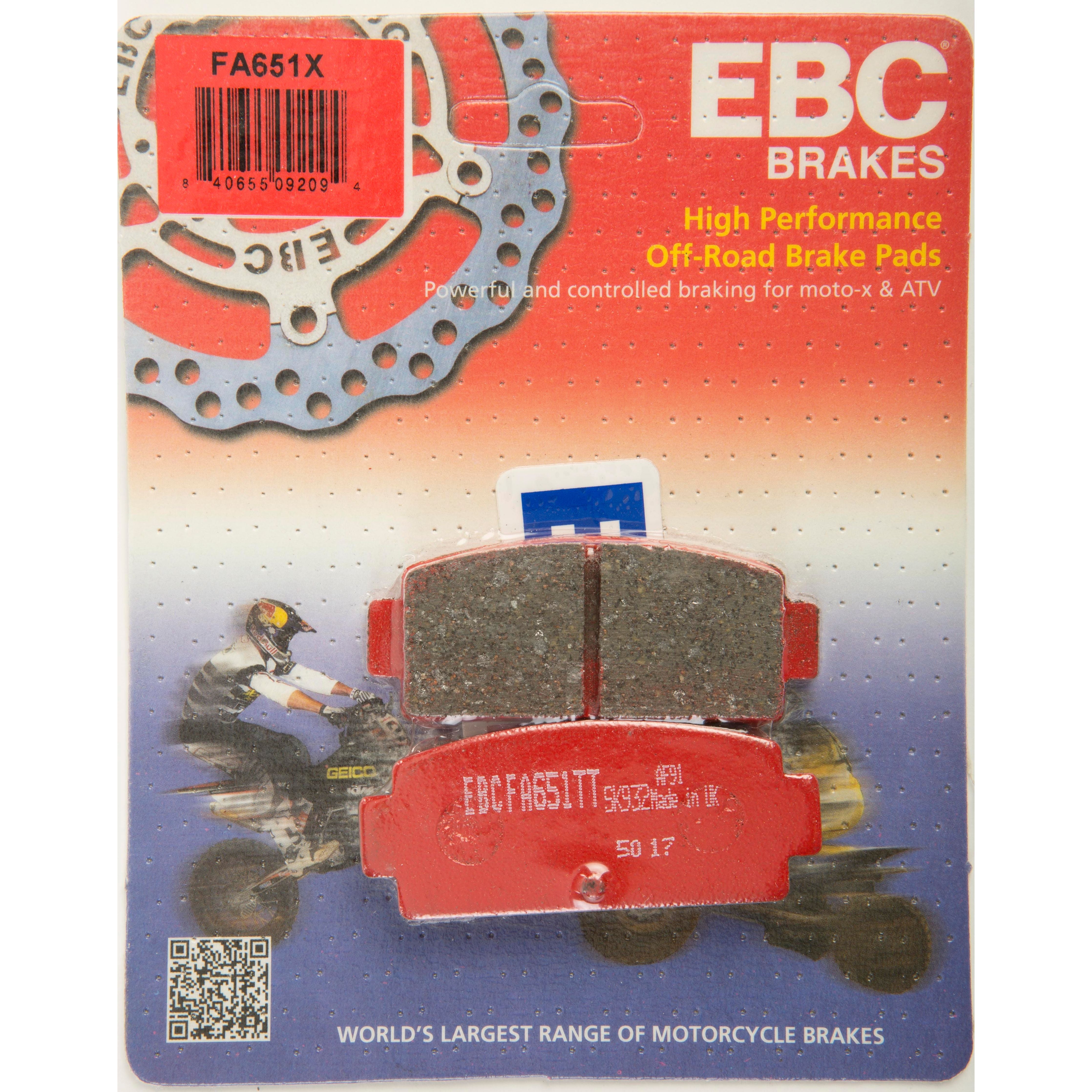 Red EBC Brake Pads FA651X with high-performance off-road design in branded packaging.