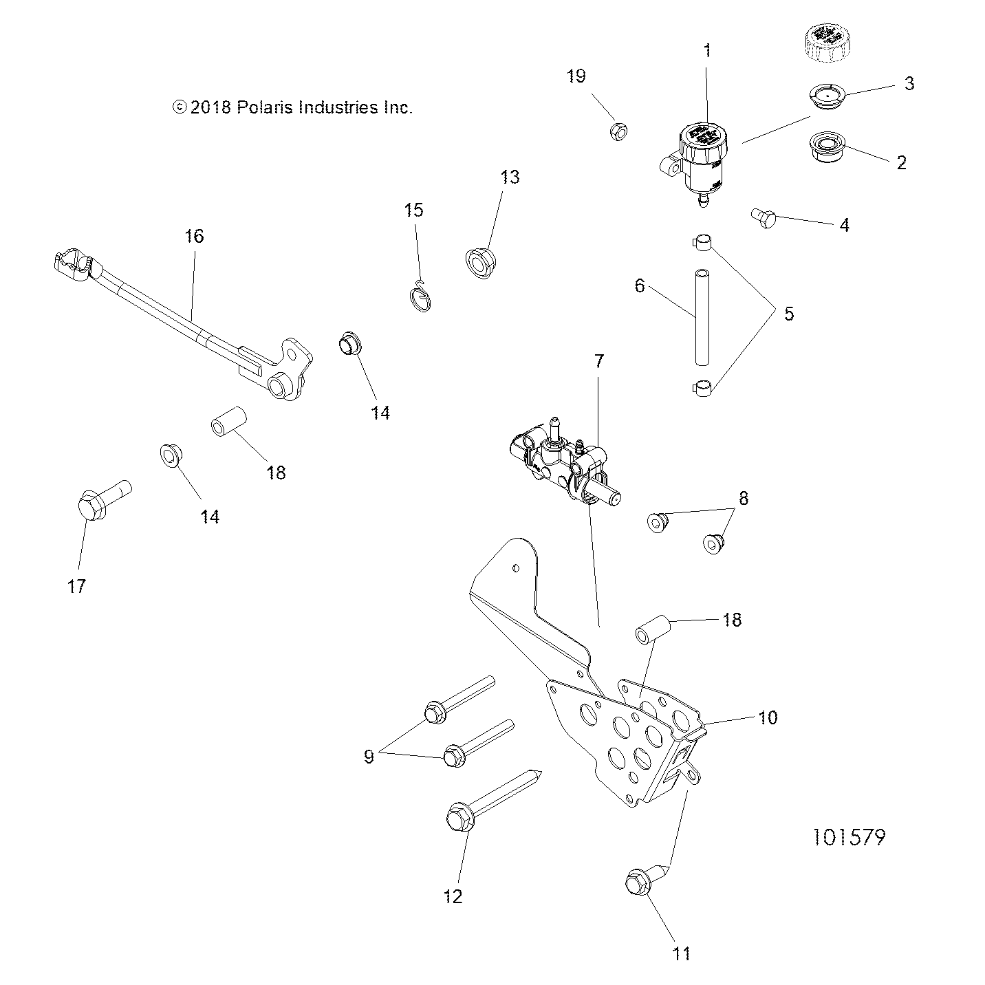 An Image of a Genuine Polaris Parts Schematic Diagram showing the schematic - BRAKES: BRAKE PEDAL and MASTER CYLINDER - 2019 POLARIS SCRAMBLER 850 48"