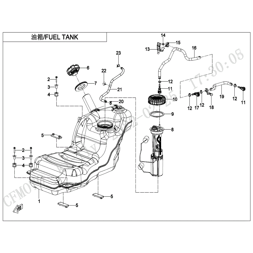 An Image of a Genuine CFMOTO Parts Schematic Diagram showing the schematic - FUEL TANK(2) - 2023 CFMOTO ZFORCE 800 Trail