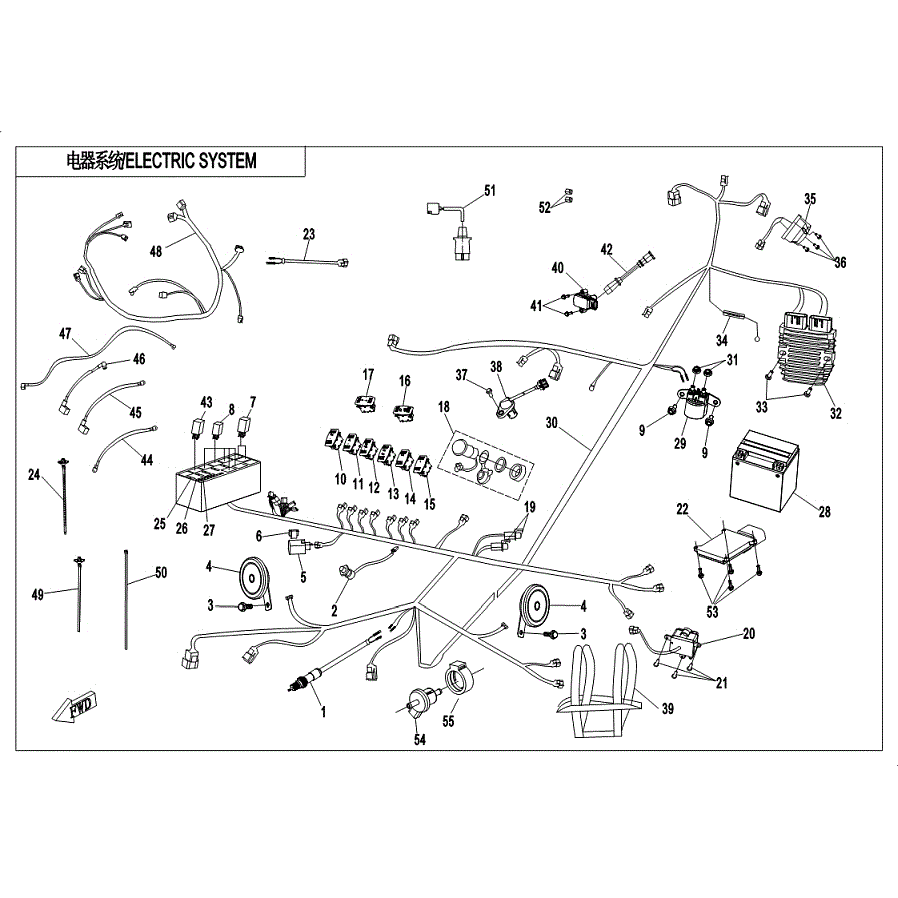 An Image of a Genuine CFMOTO Parts Schematic Diagram showing the schematic - ELECTRIC SYSTEM - 2019 CFMOTO ZFORCE 500