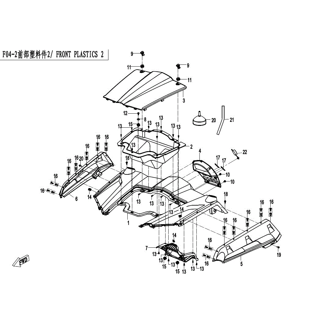 An Image of a Genuine CFMOTO Parts Schematic Diagram showing the schematic - FRONT PLASTICS-2 - 2017 CFMOTO ZFORCE 800 Trail