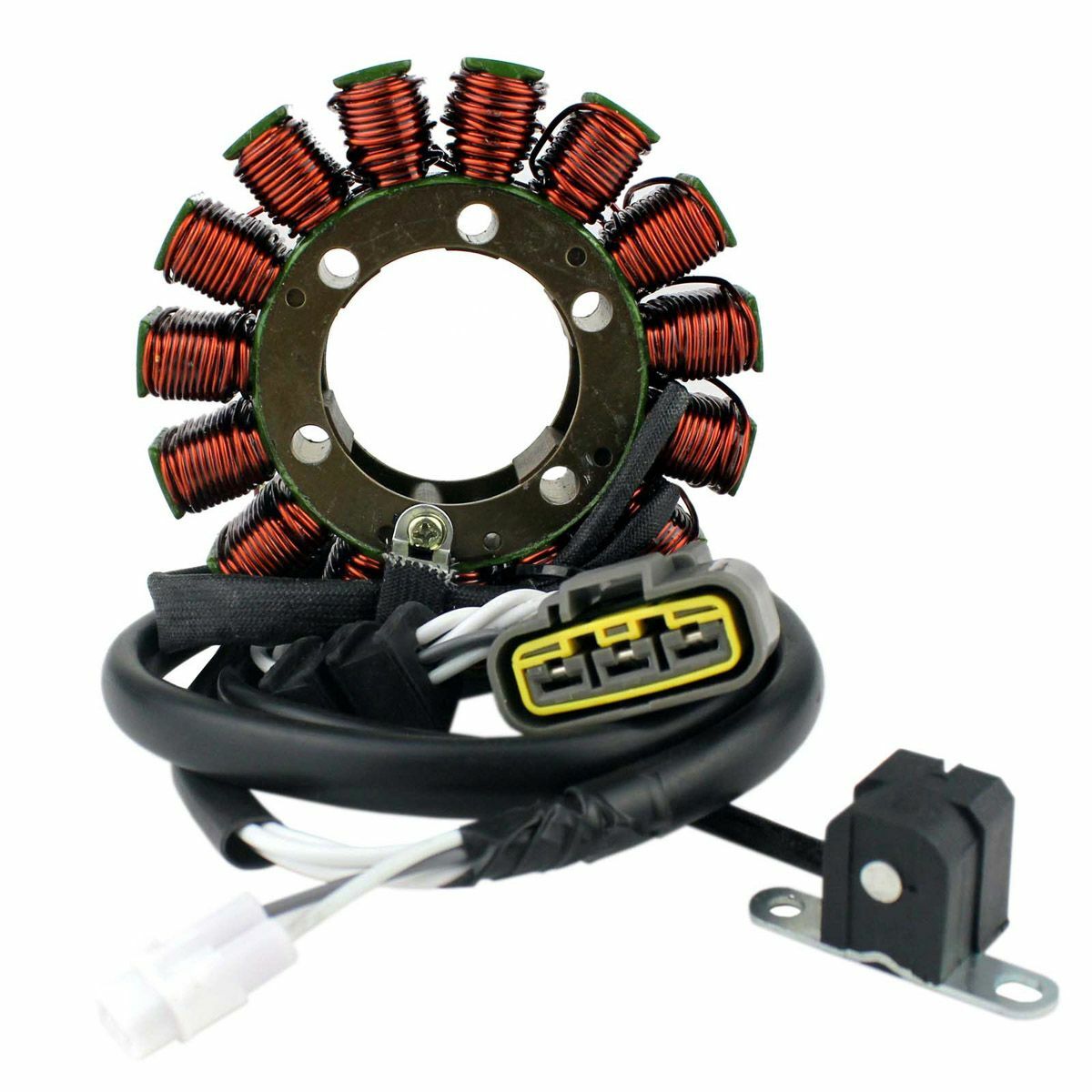 Circular stator with multiple copper wire coils arranged around a metal core, attached wiring harness with yellow and black.