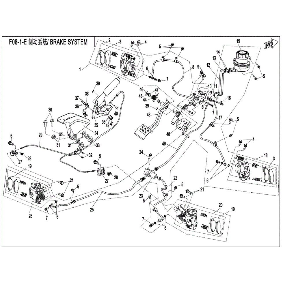 An Image of a Genuine CFMOTO Parts Schematic Diagram showing the schematic - BRAKE SYSTEM (SUMITOMO) - 2022 CFMOTO ZFORCE 800 EX