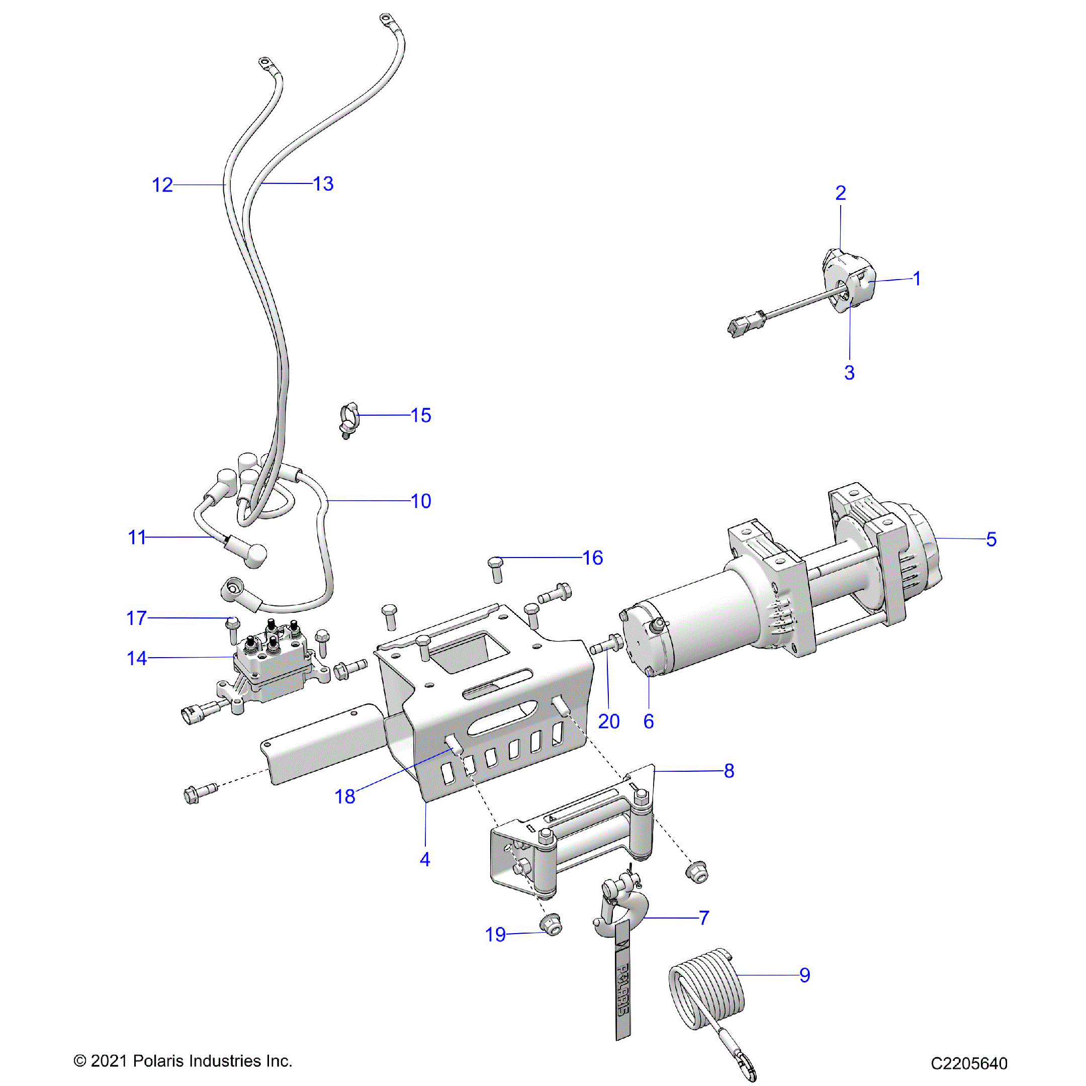 An Image of a Genuine Polaris Parts Schematic Diagram showing the schematic - BODY: WINCH - 2023 POLARIS SPORTSMAN 850 48" ULTIMATE TRAIL