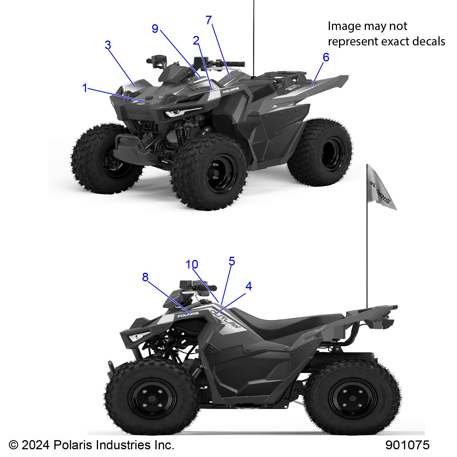 An Image of a Genuine Polaris Parts Schematic Diagram showing the schematic - BODY: DECALS GRAPHICS - 2025 POLARIS OUTLAW 70