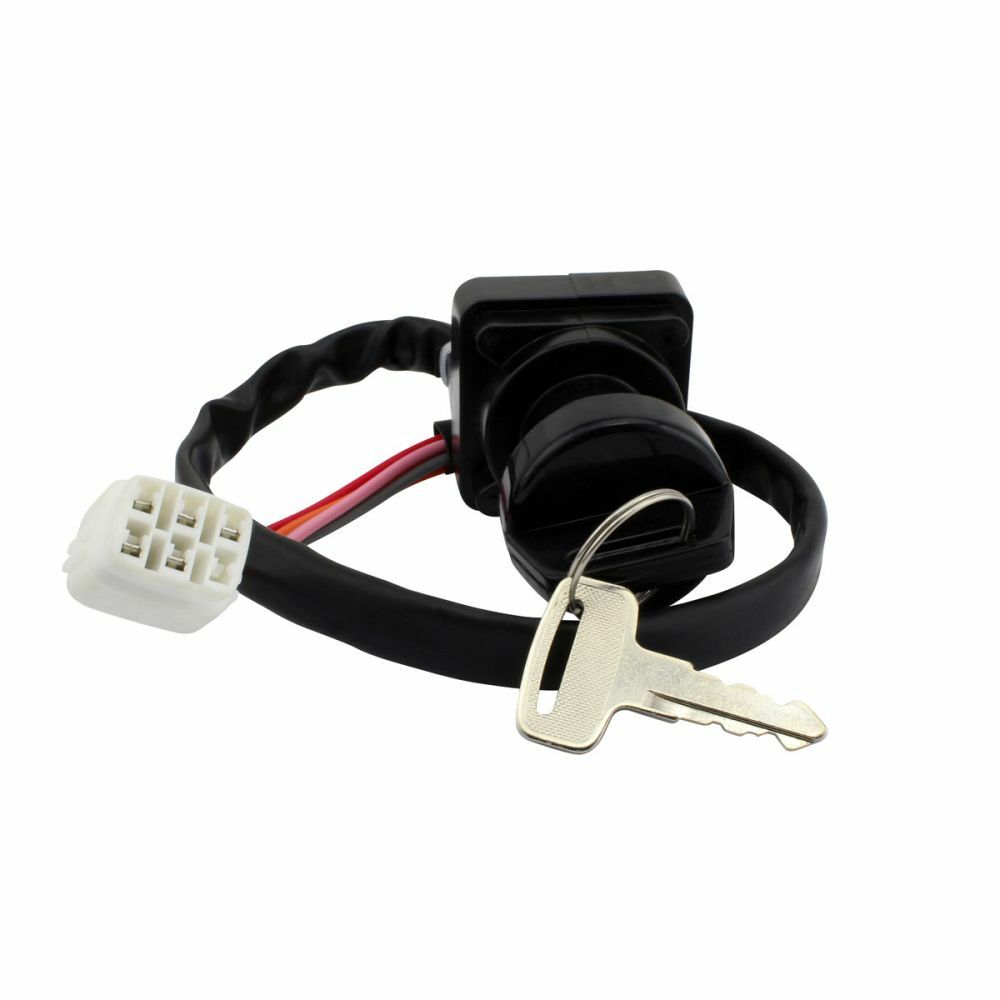 Black cylindrical ignition key switch with attached twisted black and red wires and a silver key inserted, connected to a.