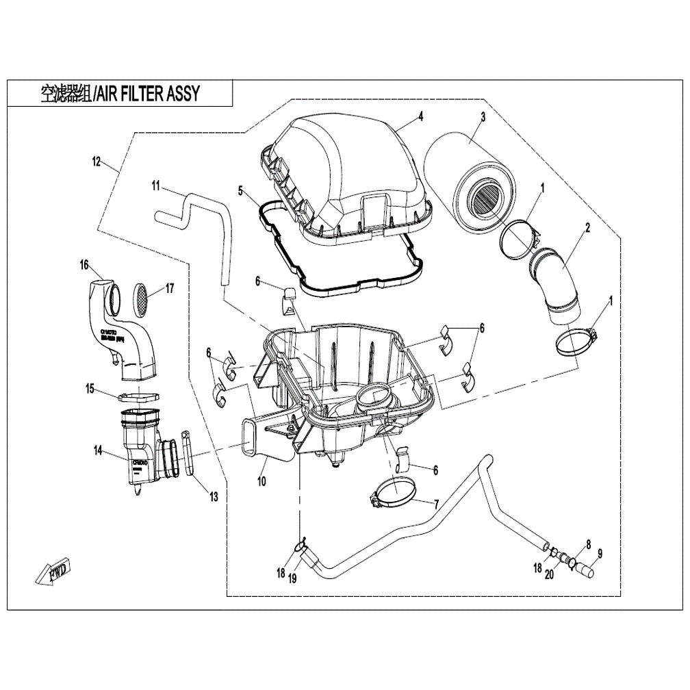 An Image of a genuine CFMOTO Parts Schematic Diagram showing the group - AIR FILTER ASSY. - 2022 CFMOTO CFORCE 800 XC