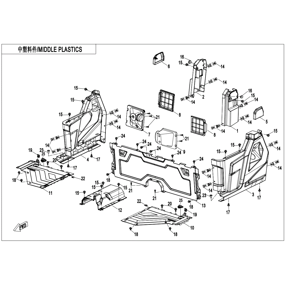 An Image of a Genuine CFMOTO Parts Schematic Diagram showing the schematic - MIDDLE PLASTICS (FOR NON SIDE DOORS) - 2021 CFMOTO UFORCE 1000