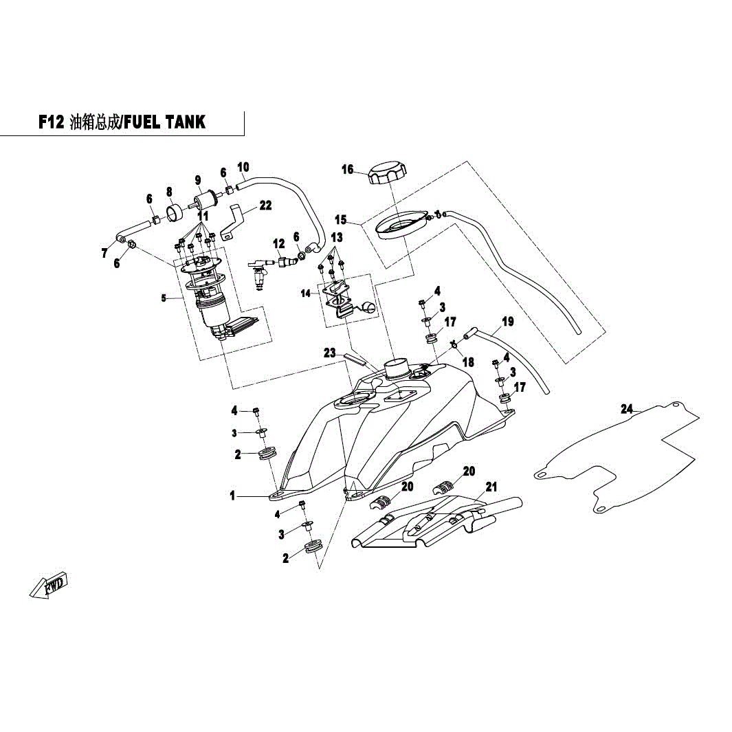 An Image of a genuine CFMOTO Parts Schematic Diagram showing the group - FUEL TANK - 2017 CFMOTO CFORCE 500 HO
