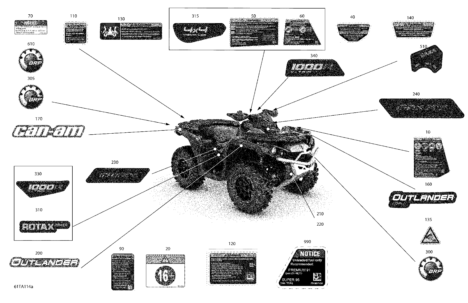 An Image of a Genuine Can-Am Parts Schematic Diagram showing the schematic - BODY - DECALS - XT