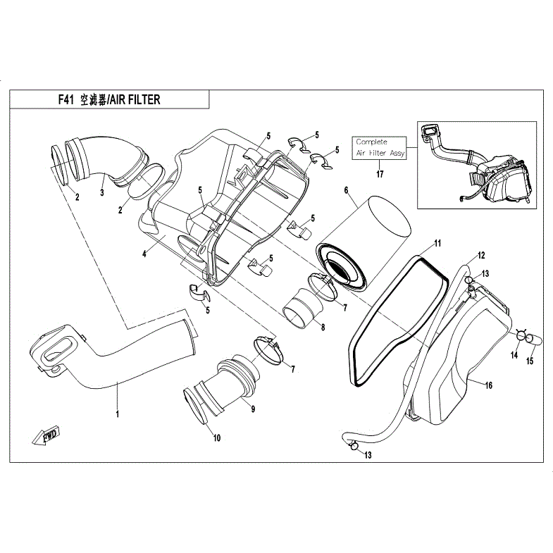 An Image of a Genuine CFMOTO Parts Schematic Diagram showing the schematic - AIR FILTER ASSY - 2018 CFMOTO ZFORCE 800 Trail