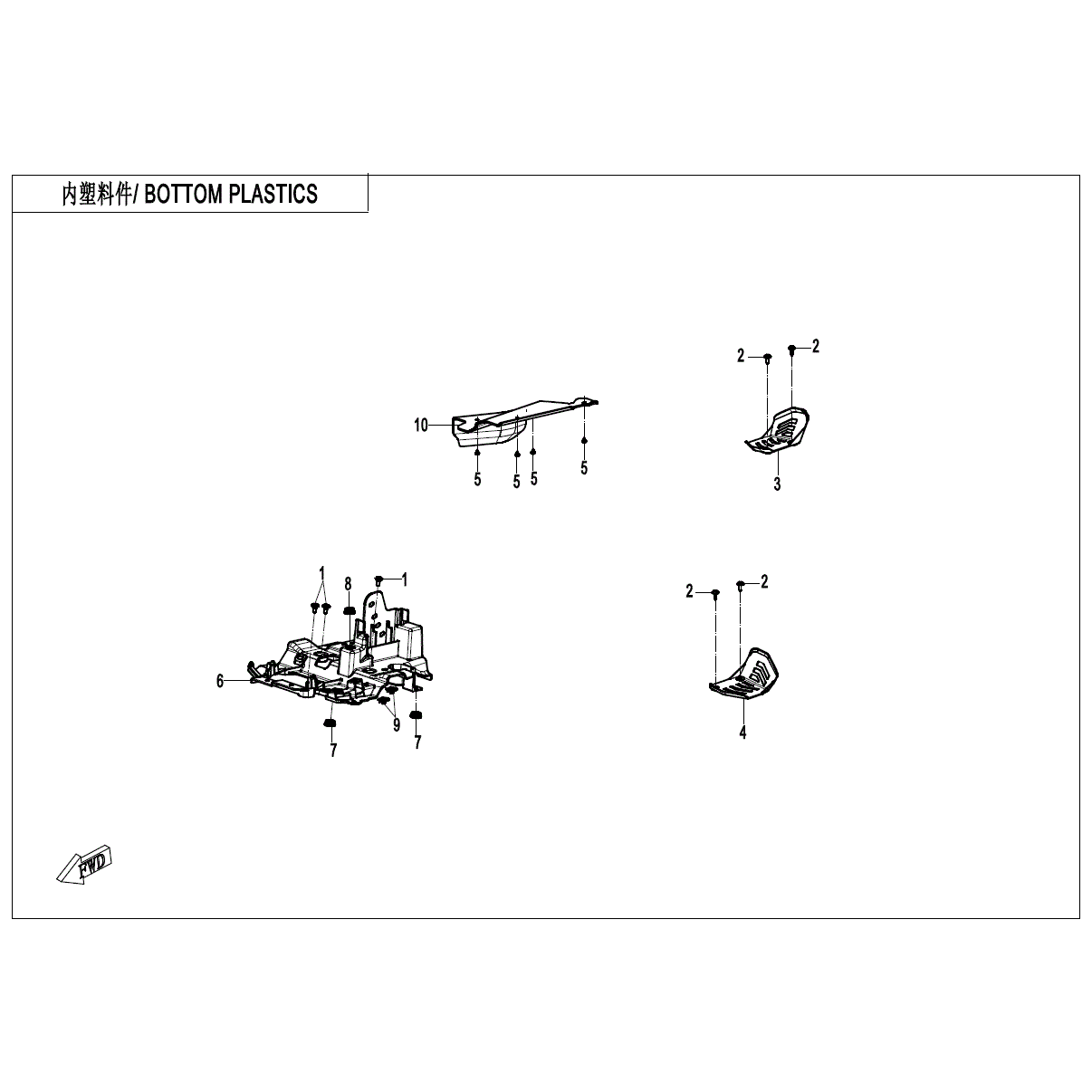 An Image of a genuine CFMOTO Parts Schematic Diagram showing the group - BOTTOM PLASTICS (OVERLAND) - 2025 CFMOTO CFORCE 1000 OVERLAND
