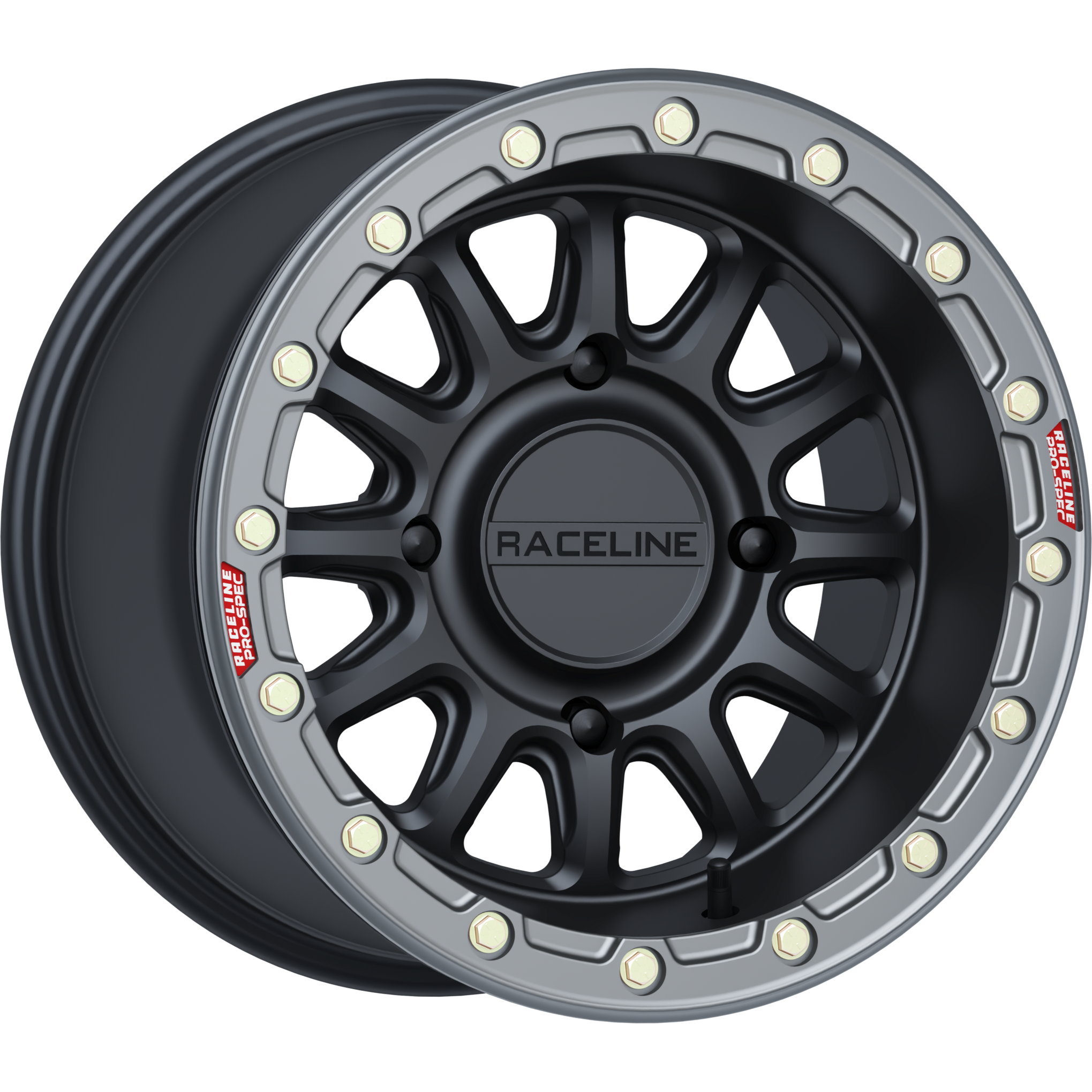 15x10 black and gunmetal ATV wheel with 12-spoke design and riveted gunmetal outer ring.